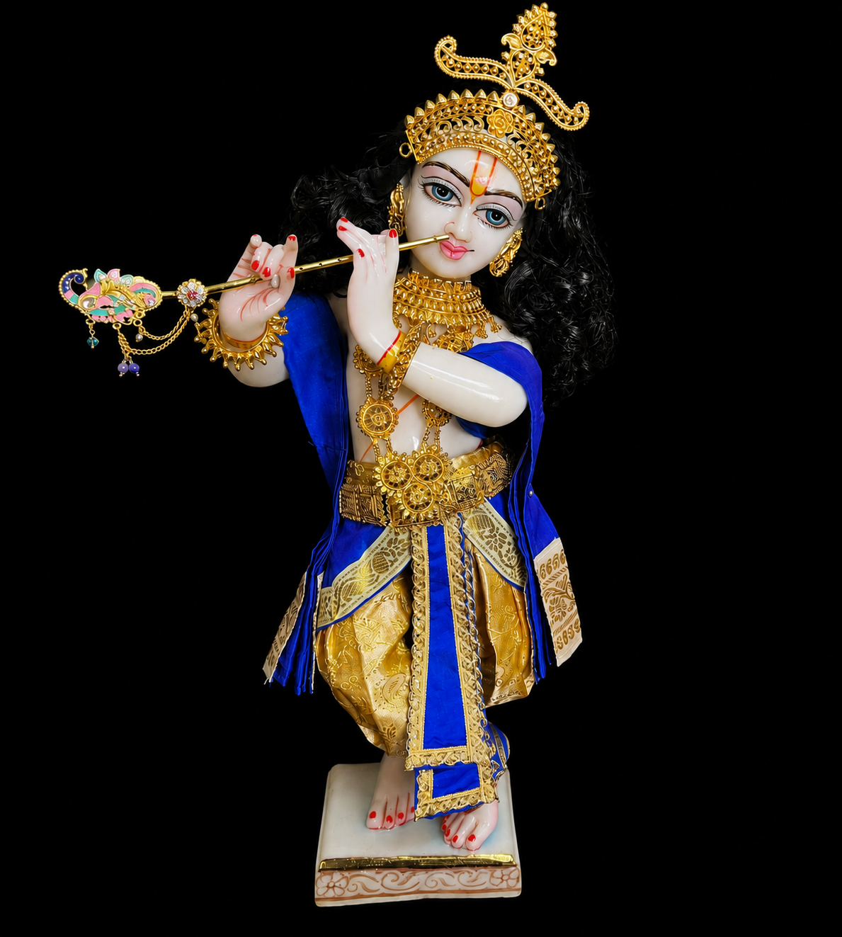 Deity dhoti and patka shalya / Uparna vastra made of Satin Silk (Not Pure Silk) - Gold Dhoti with Royal Blue border and Royal Blue shalya 3
