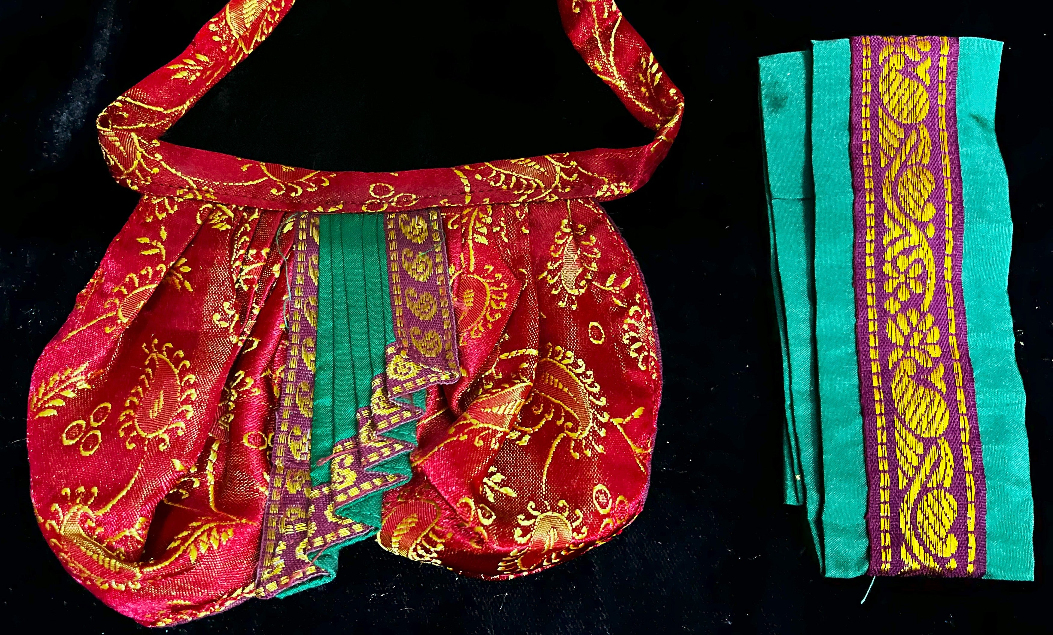 Deity dhoti and patka shalya / Uparna vastra made of Satin Silk (Not Pure Silk) - Maroon Dhoti with Green border and Green shalya 2