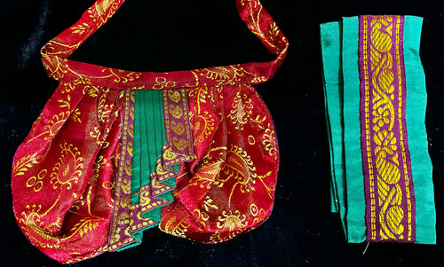 Deity dhoti and patka shalya / Uparna vastra made of Satin Silk (Not Pure Silk) - Maroon Dhoti with Green border and Green shalya