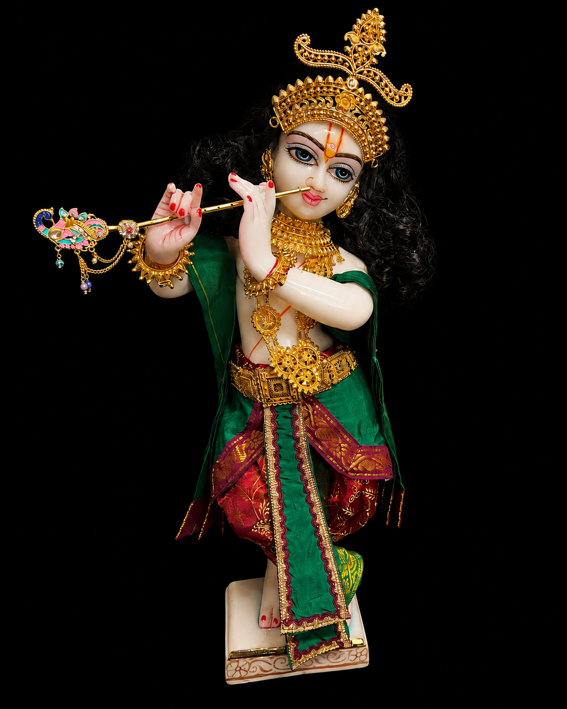Deity dhoti and patka shalya / Uparna vastra made of Satin Silk (Not Pure Silk) - Maroon Dhoti with Green border and Green shalya 3