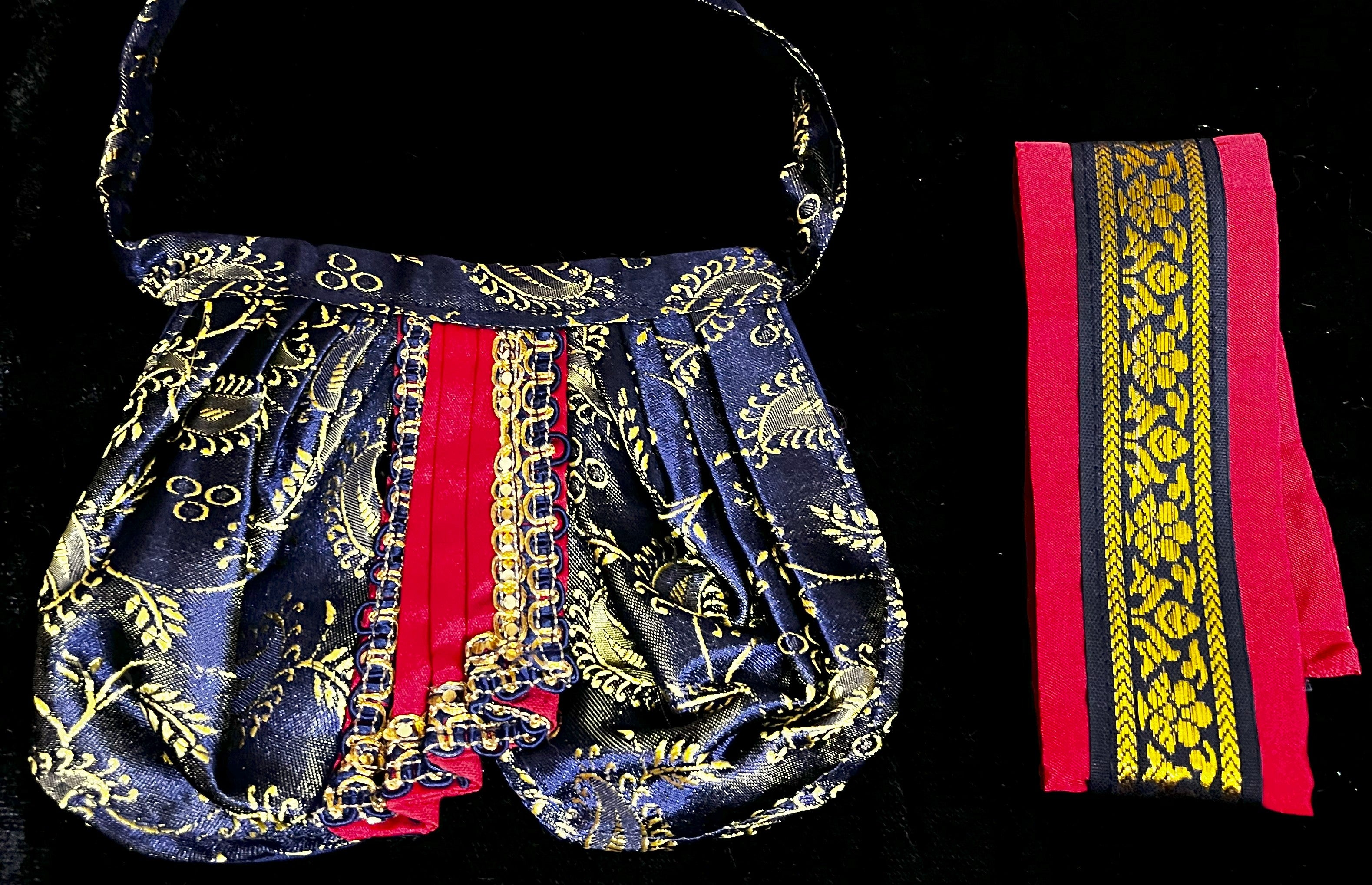 Deity dhoti and patka shalya / Uparna vastra made of Satin Silk (Not Pure Silk) - Navy Blue Dhoti with Red border and Red shalya 2
