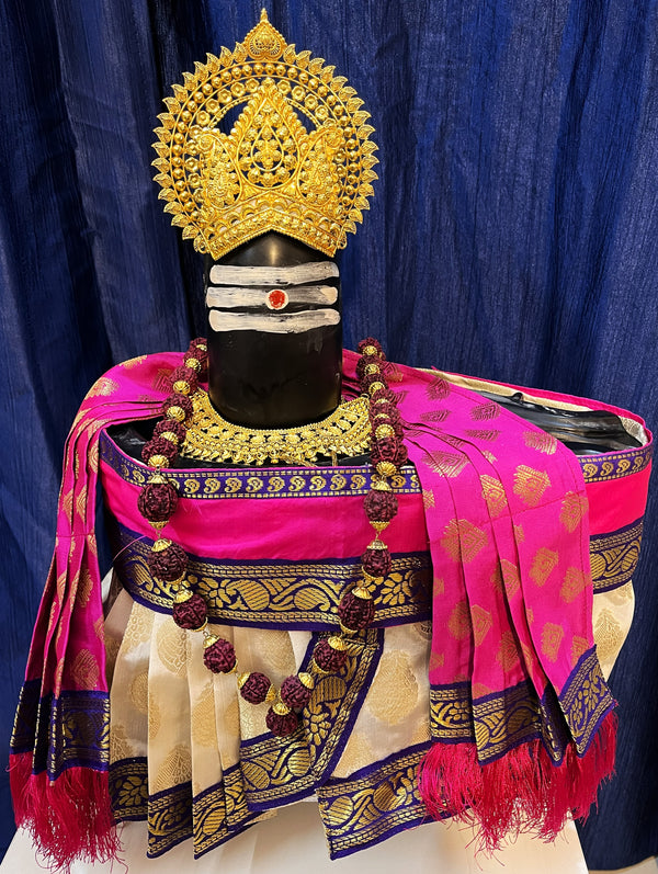 Shiva/Shivling decoration, Shivling Dress, Maha Shivaratri Dress, made of Tapeta Silk - White Dhoti with purple contrast border with Rani Pink belt and Shalya