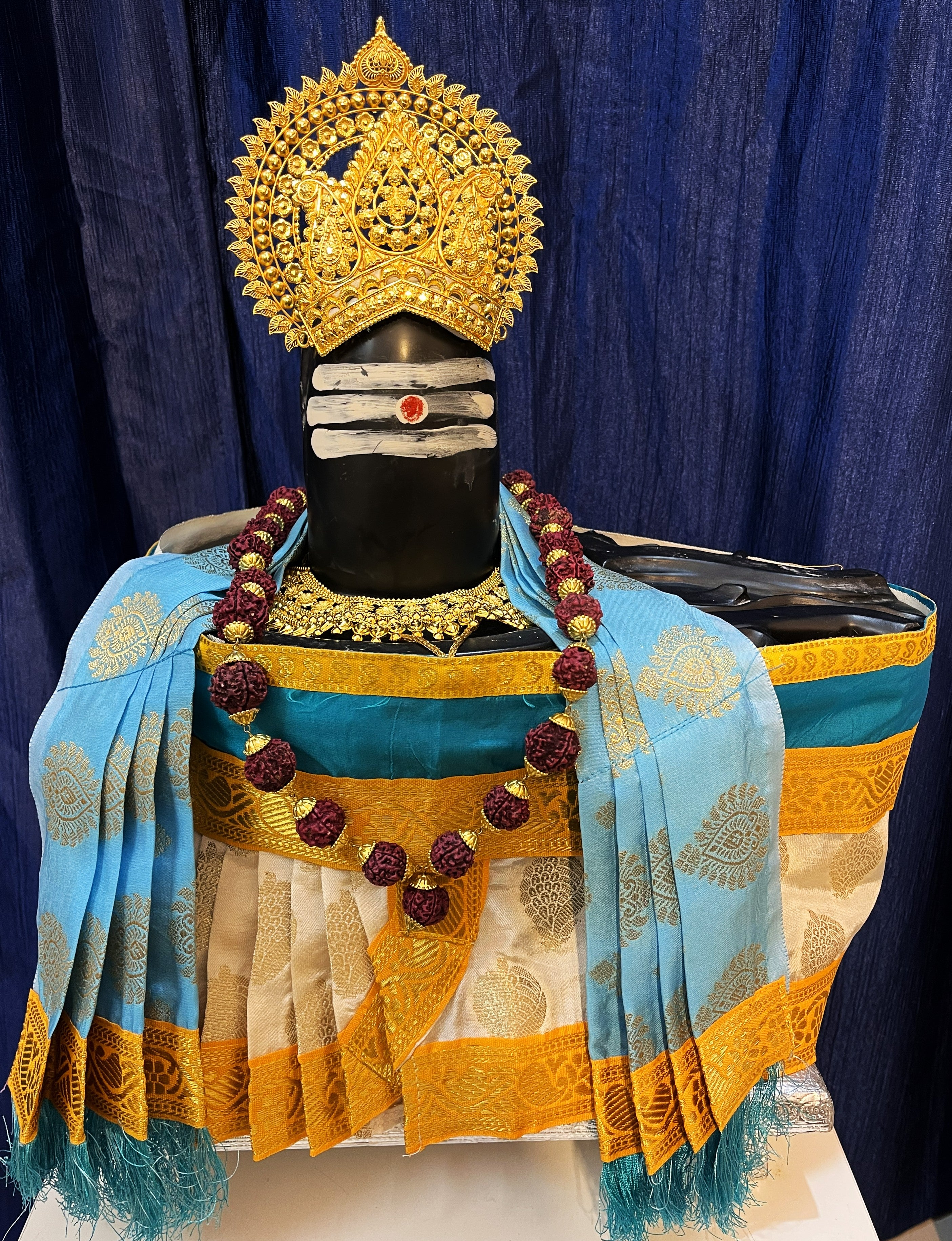 Shiva/Shivling decoration, Shivling Dress, Maha Shivaratri Dress, made of Tapeta Silk - White Dhoti with yellow contrast border with Light blue belt and Shalya 1
