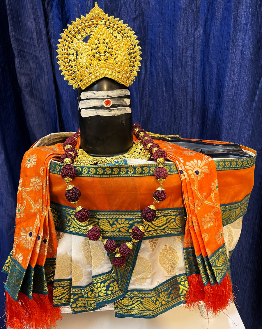 Shiva/Shivling decoration, Shivling Dress, Maha Shivaratri Dress, made of Tapeta Silk - White Dhoti with green contrast border with Light orange belt and Shalya