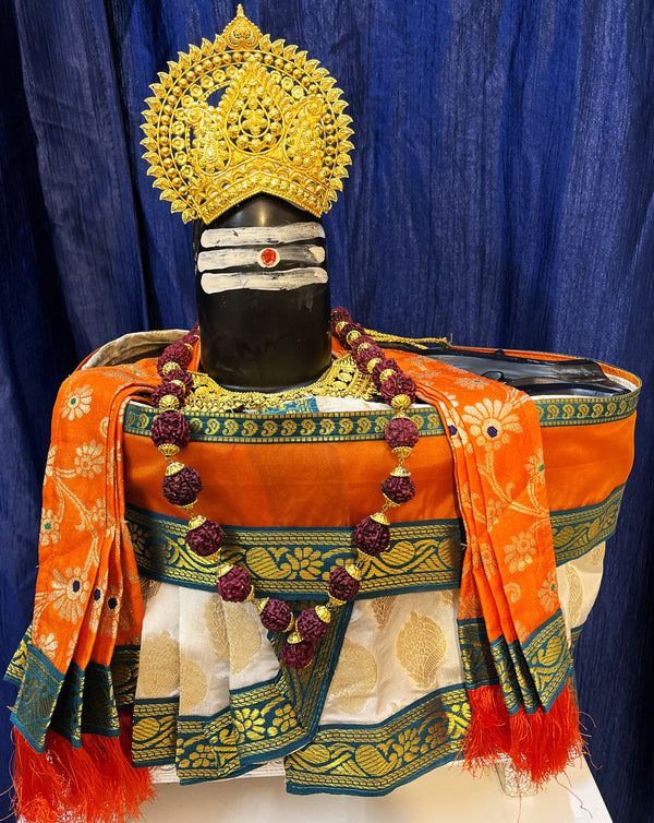 Shiva/Shivling decoration, Shivling Dress, Maha Shivaratri Dress, made of Tapeta Silk - White Dhoti with green contrast border with Light orange belt and Shalya