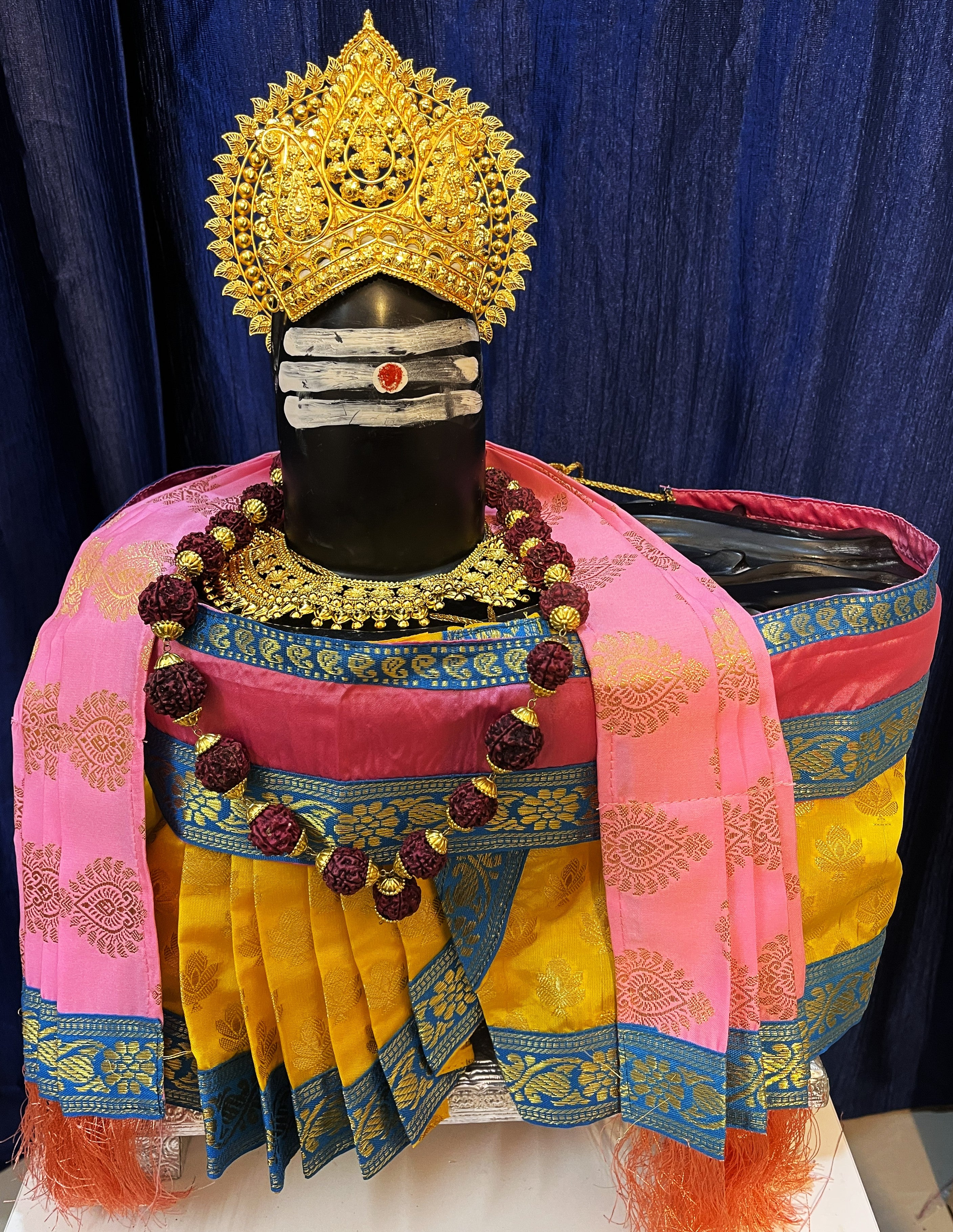 Shiva/Shivling decoration, Shivling Dress, Maha Shivaratri Dress, made of Tapeta Silk - Yellow Dhoti with Light Blue contrast border with light pink belt and Shalya 1