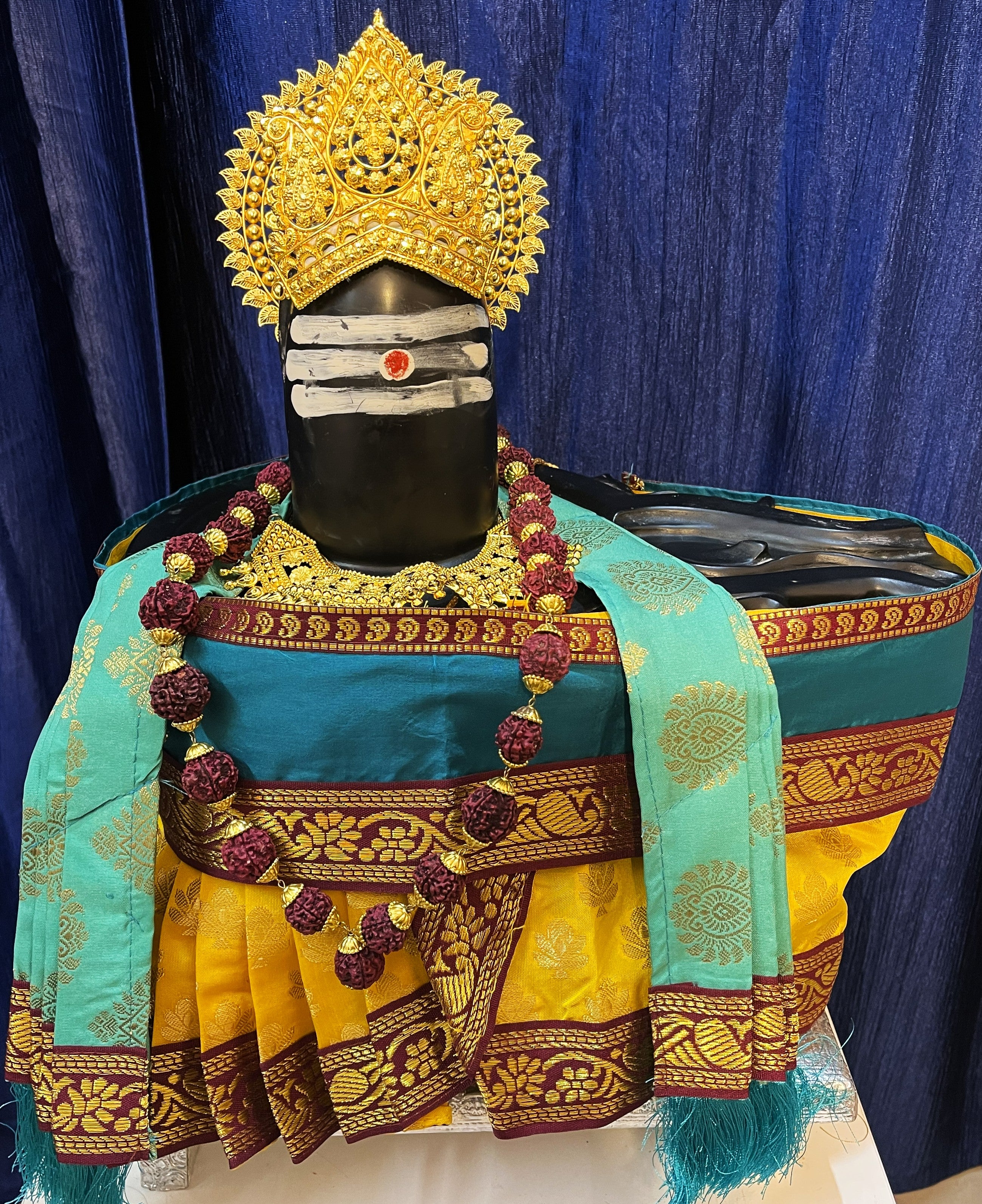 Shiva/Shivling decoration, Shivling Dress, Maha Shivaratri Dress, made of Tapeta Silk - Yellow Dhoti with brown contrast border with Light blue belt and Shalya 1
