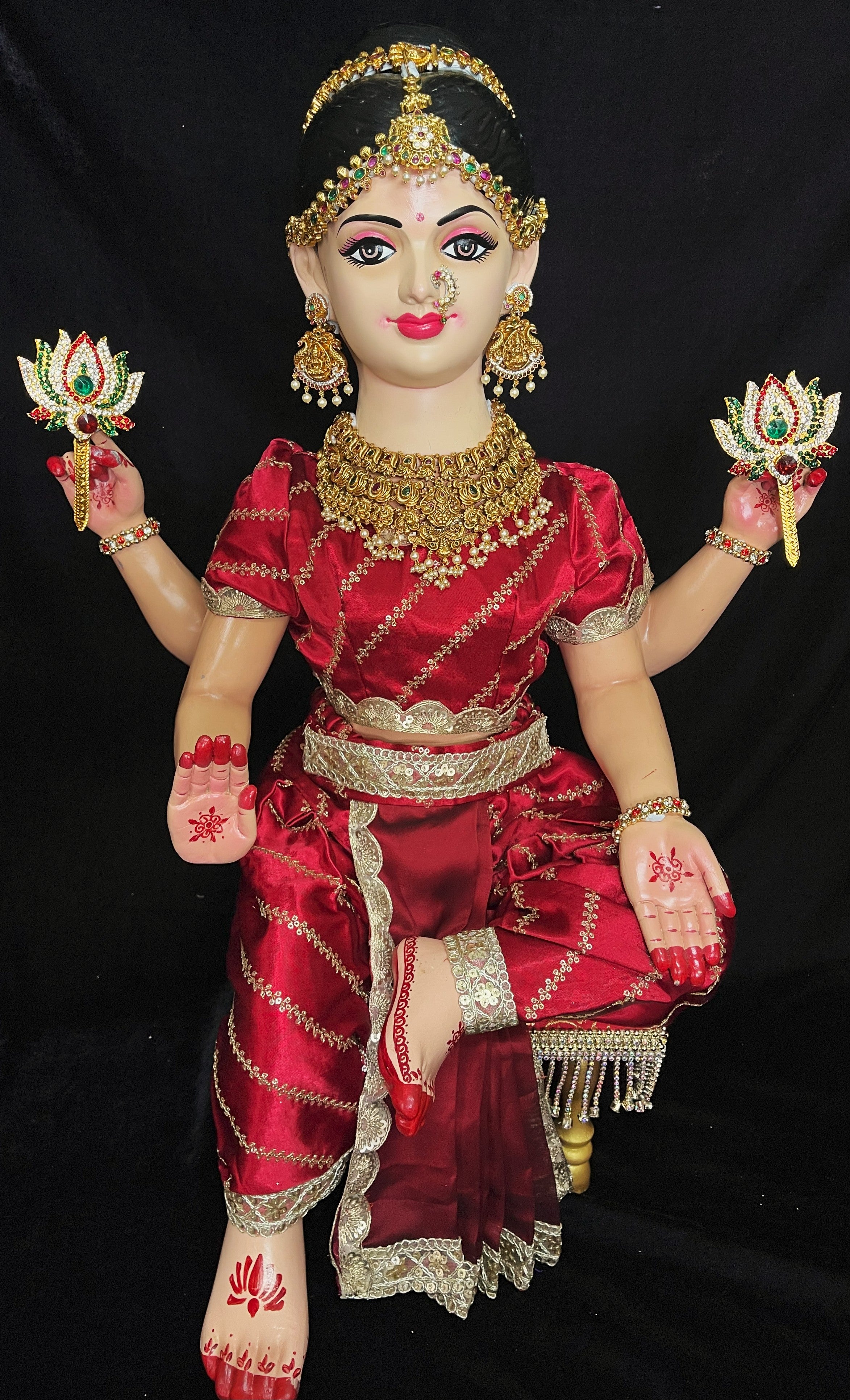 Premium Amrapalli Bharatanatyam Dress for Small Sitting Varamahalakshmi Body | Semi Silk Alankaram Dress - Red with Gold sequence work border 1