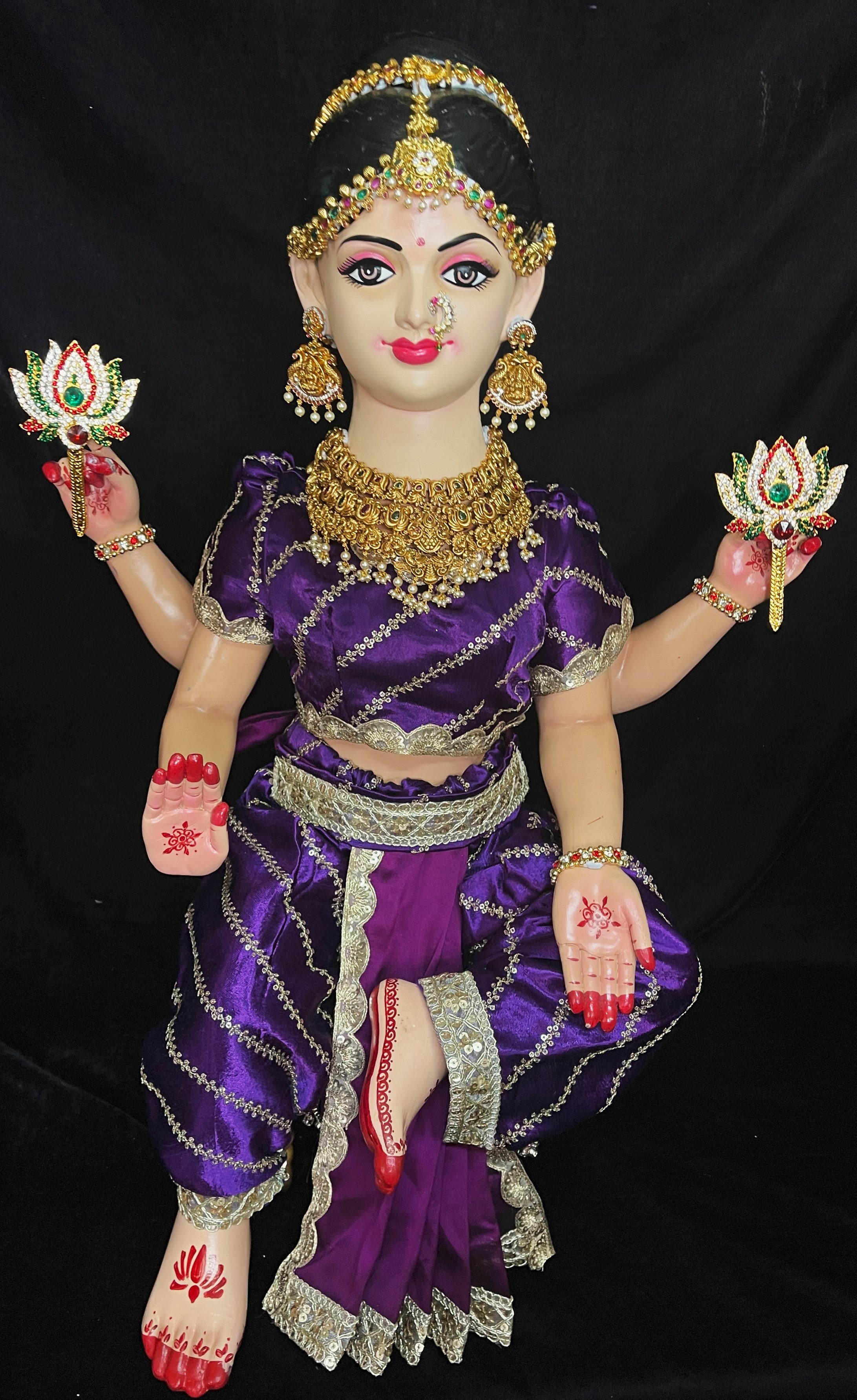 Premium Amrapalli Bharatanatyam Dress for Small Sitting Varamahalakshmi Body | Semi Silk Alankaram Dress - Purple with Gold sequence work border 1