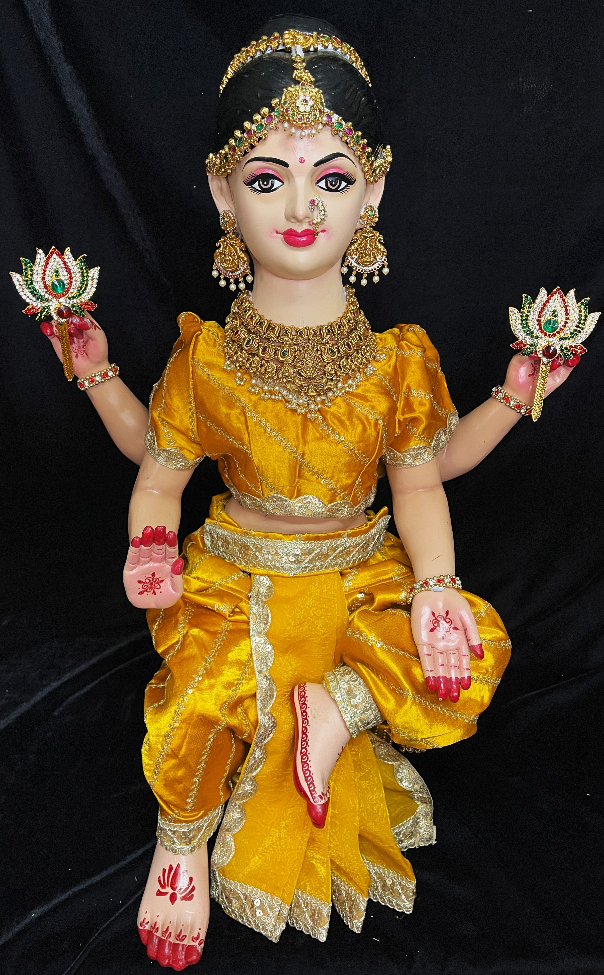 Premium Amrapalli Bharatanatyam Dress for Small Sitting Varamahalakshmi Body | Semi Silk Alankaram Dress - Yellow with Gold sequence work border 1