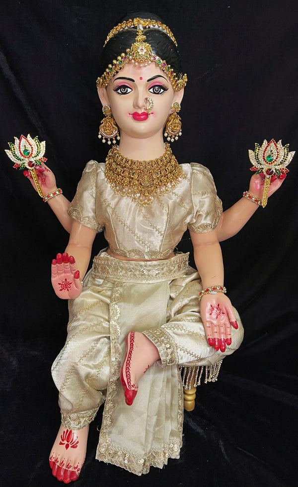 Premium Amrapalli Bharatanatyam Dress for Small Sitting Varamahalakshmi Body | Semi Silk Alankaram Dress - Off White with Gold sequence work border