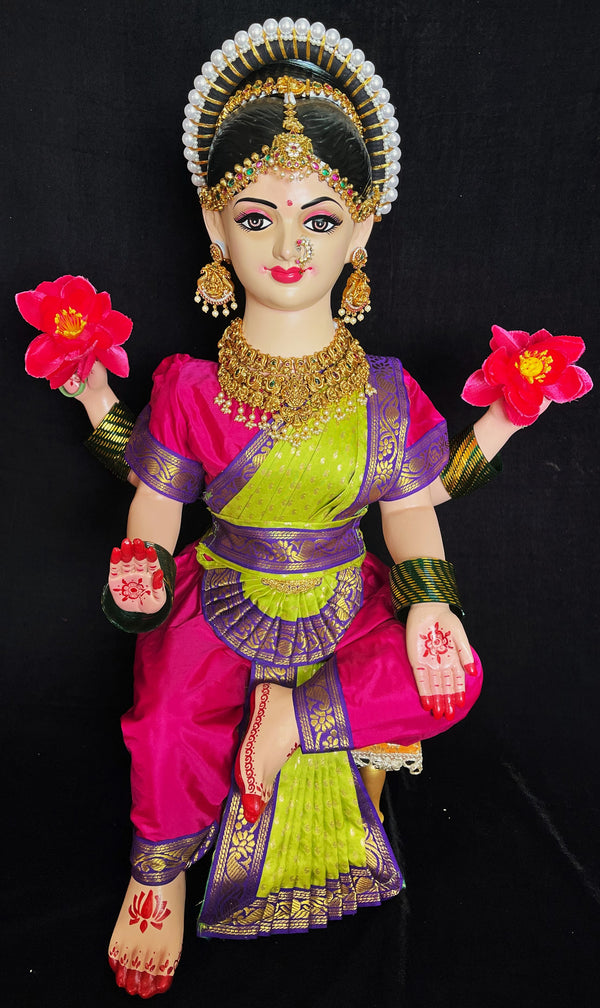 Premium Bharatanatyam Dress for Small Sitting Varamahalakshmi Body | Semi Silk Alankaram Dress - Pink and Parrot Green Saree with Purple border and Pink Blouse