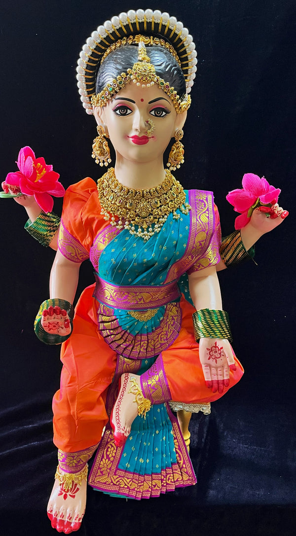 Premium Bharatanatyam Dress for Small Sitting Varamahalakshmi Body | Semi Silk Alankaram Dress - Orange and Sky Blue Saree with Purple border and Orange Blouse