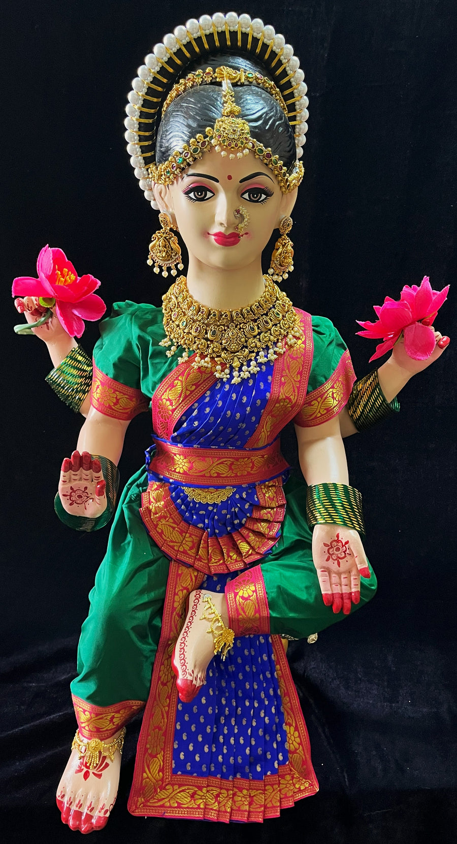 Premium Bharatanatyam Dress for Small Sitting Varamahalakshmi Body | Semi Silk Alankaram Dress - Green and Royal Blue Saree with Red border and Green Blouse