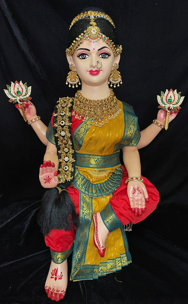 Premium Bharatanatyam Dress for Small Sitting Varamahalakshmi Body | Semi Silk Alankaram Dress - Red and Mustard Yellow Saree with Green border and Red Blouse