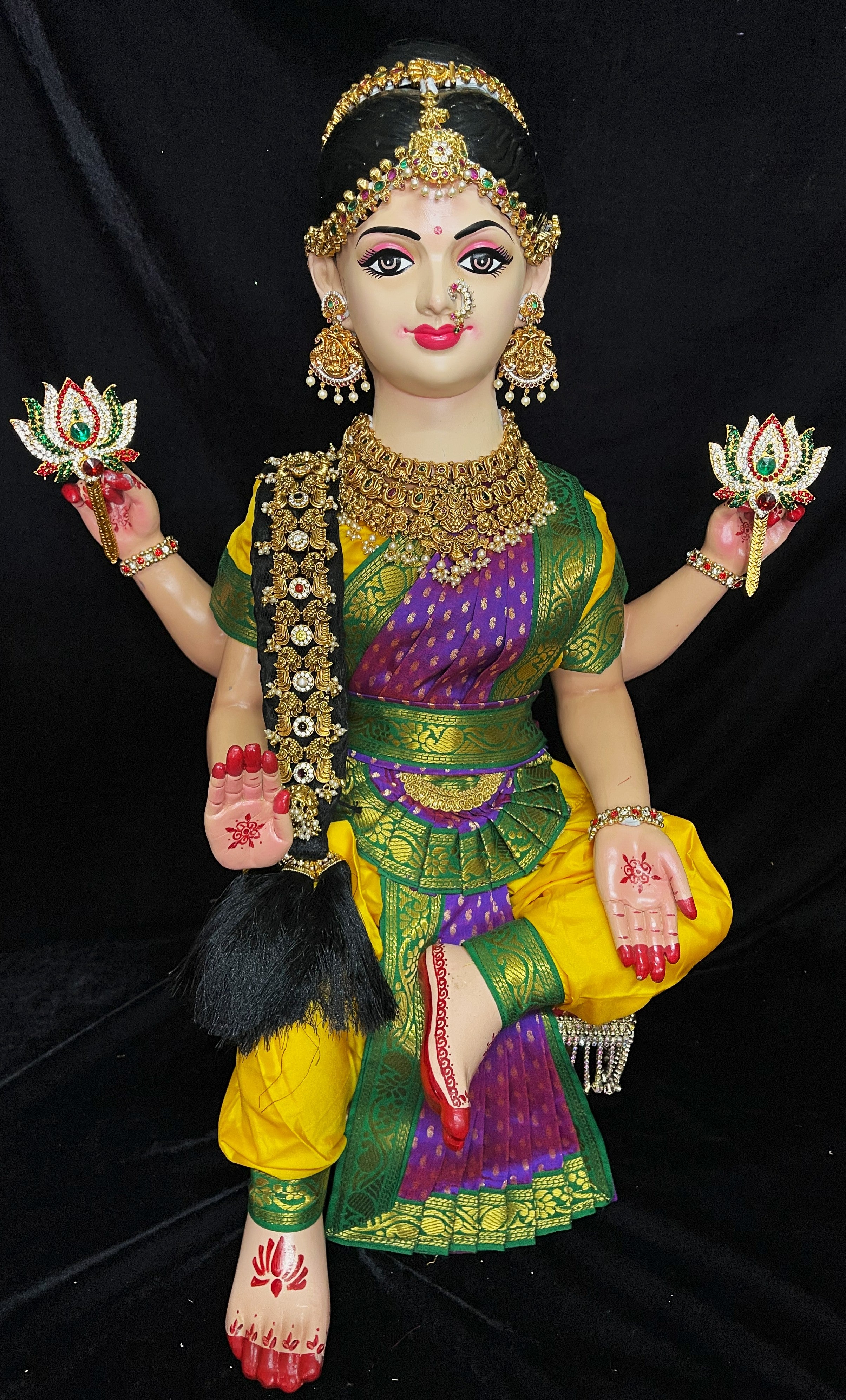 Premium Bharatanatyam Dress for Small Sitting Varamahalakshmi Body | Semi Silk Alankaram Dress - Yellow and Purple Saree with Green border and Yellow Blouse 1