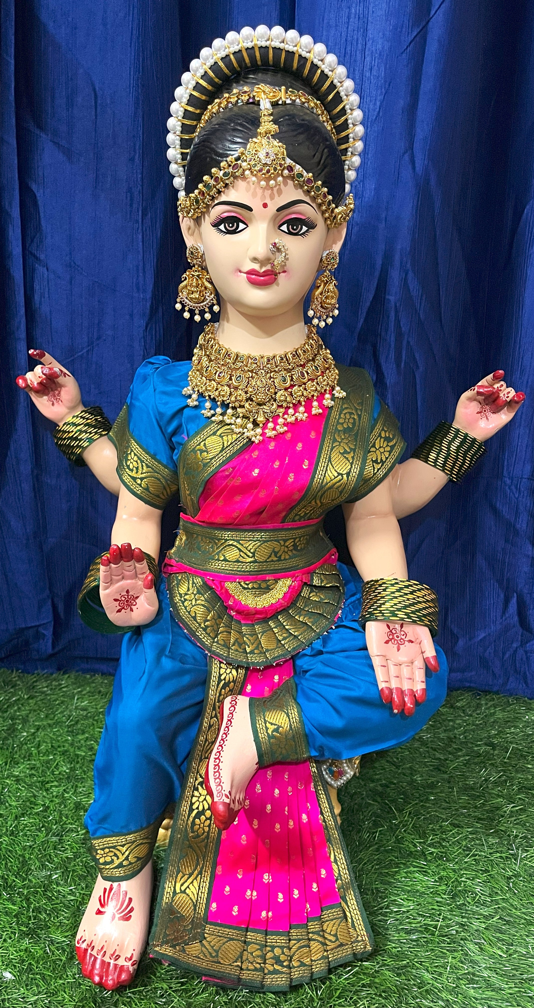 Premium Bharatanatyam Dress for Small Sitting Varamahalakshmi Body | Semi Silk Alankaram Dress - Sky Blue and Pink Saree with Green border and Sky Blue Blouse 1