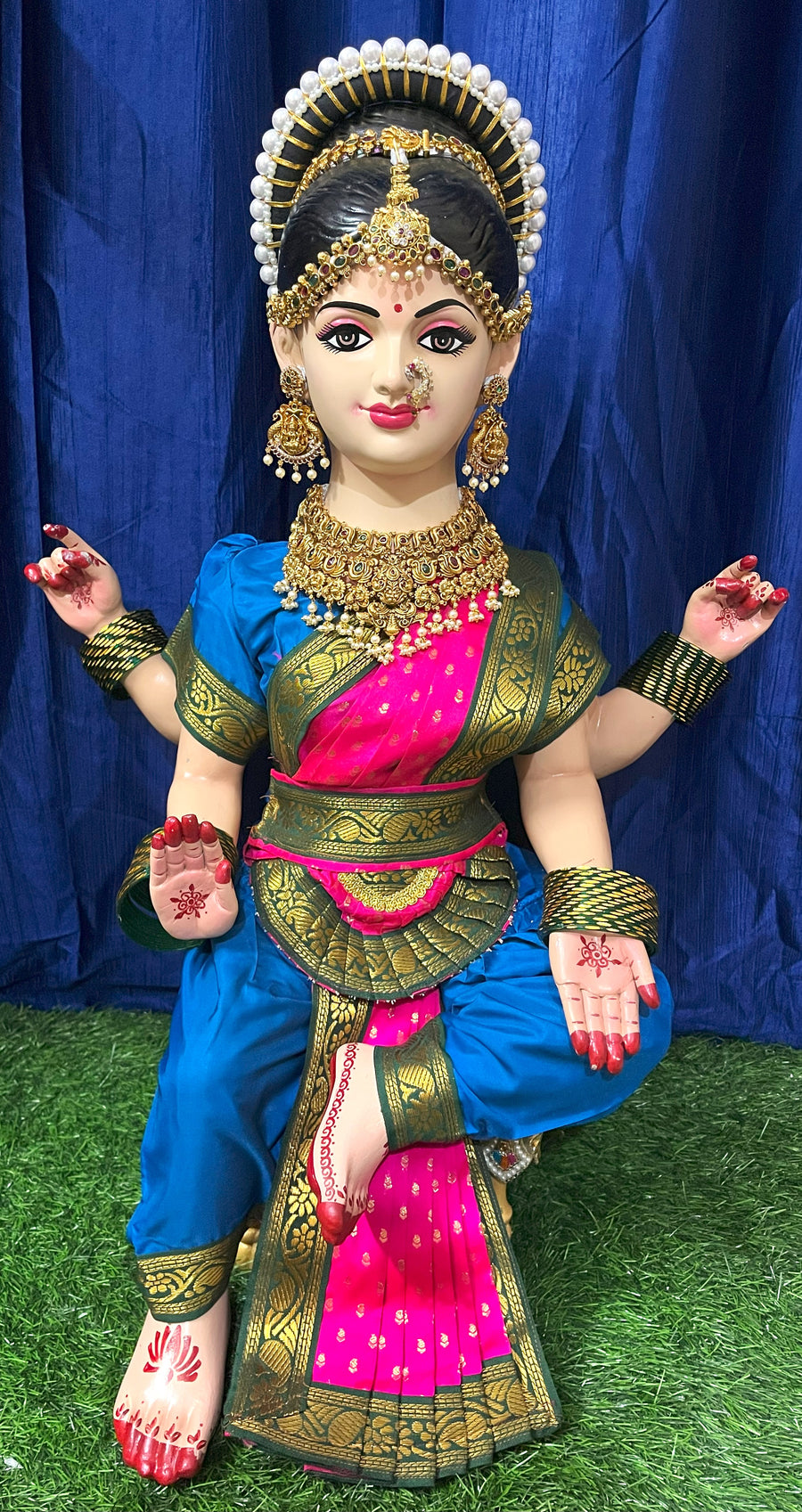 Premium Bharatanatyam Dress for Small Sitting Varamahalakshmi Body | Semi Silk Alankaram Dress - Sky Blue and Pink Saree with Green border and Sky Blue Blouse