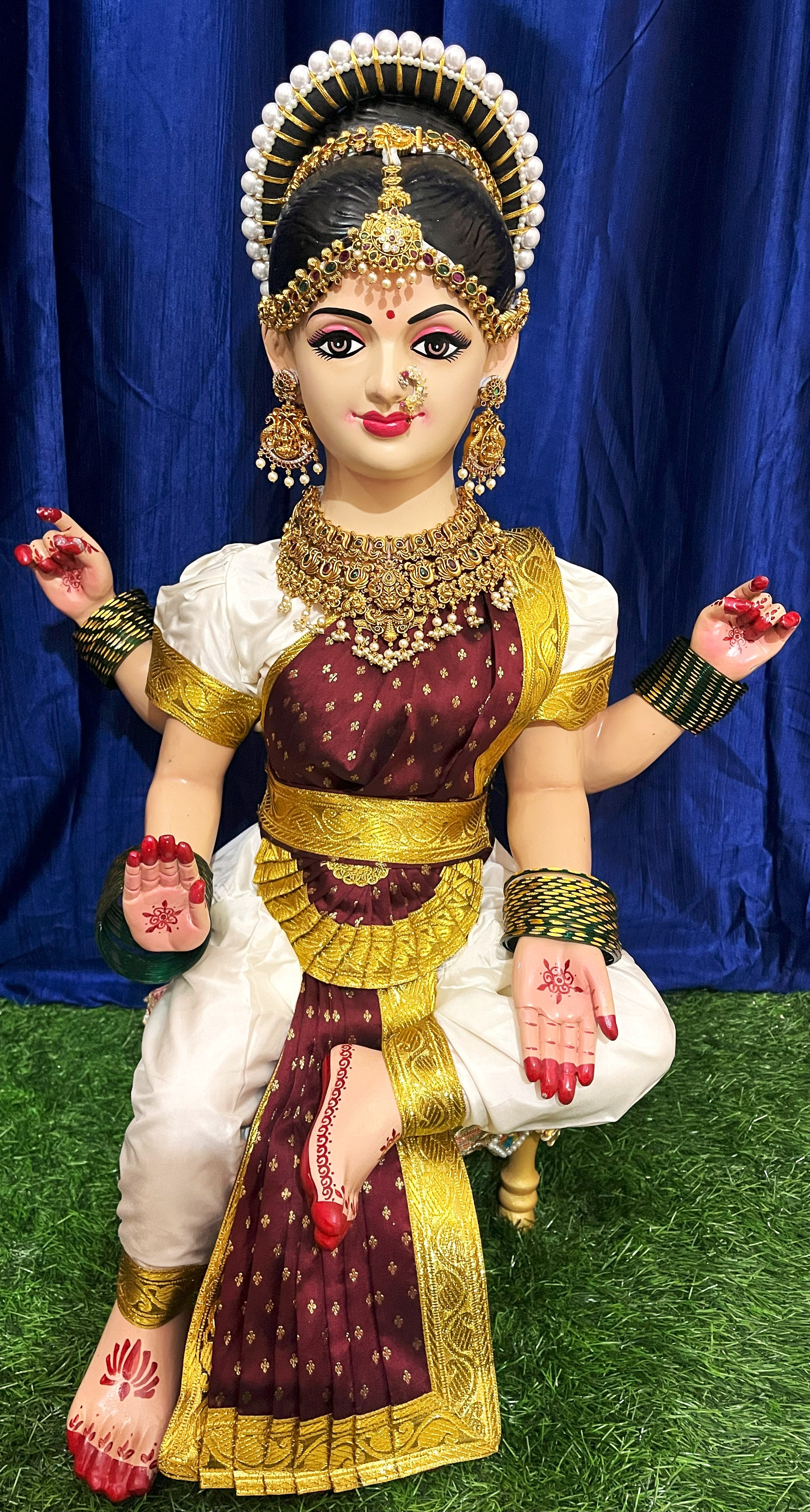 Premium Bharatanatyam Dress for Small Sitting Varamahalakshmi Body | Semi Silk Alankaram Dress - White and Maroon Saree with Gold border and Maroon Blouse 1