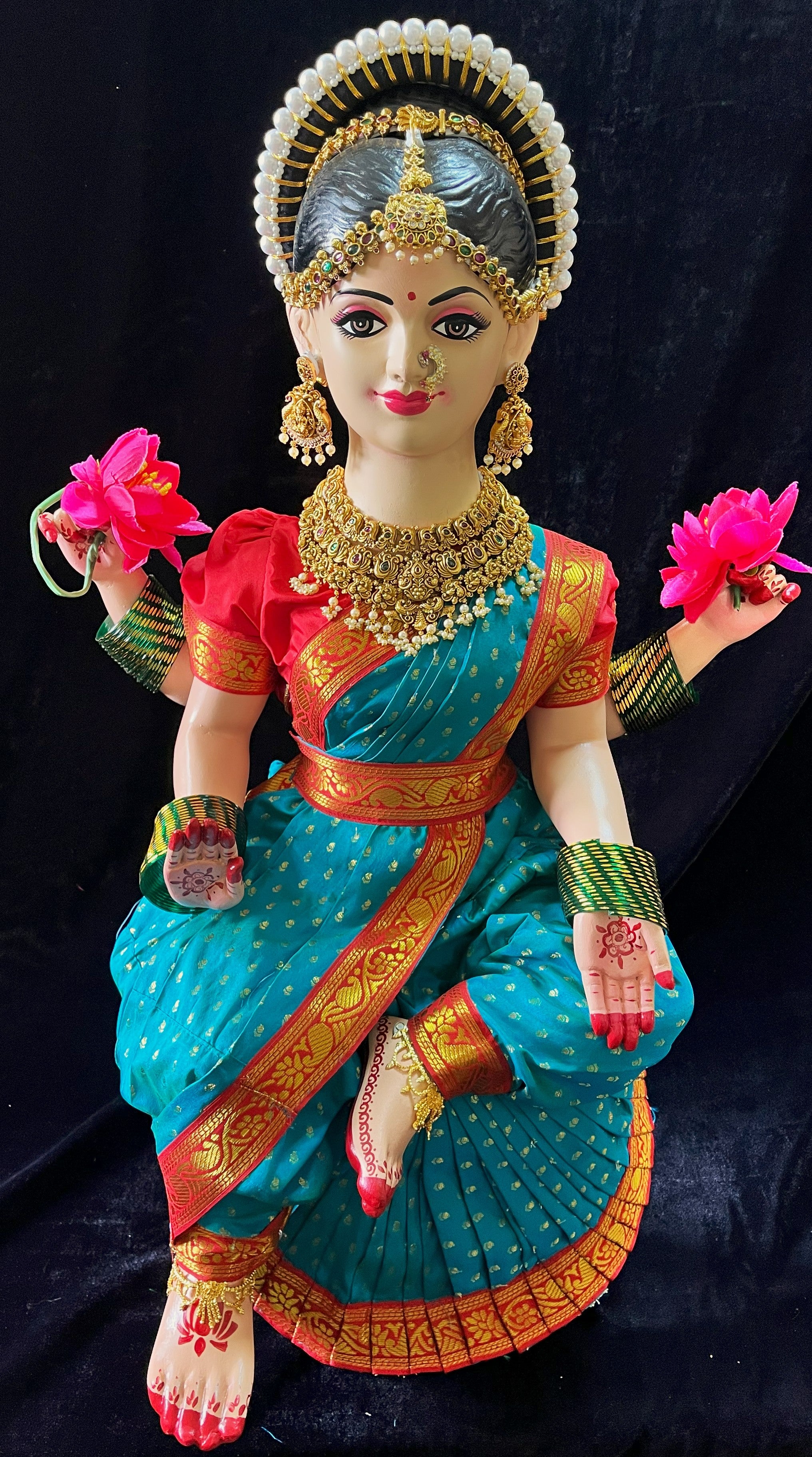 Temple-Style Pre-Stitched Saree Set for Small Sitting Body - Sky Blue Saree with Red border and Red blouse 1