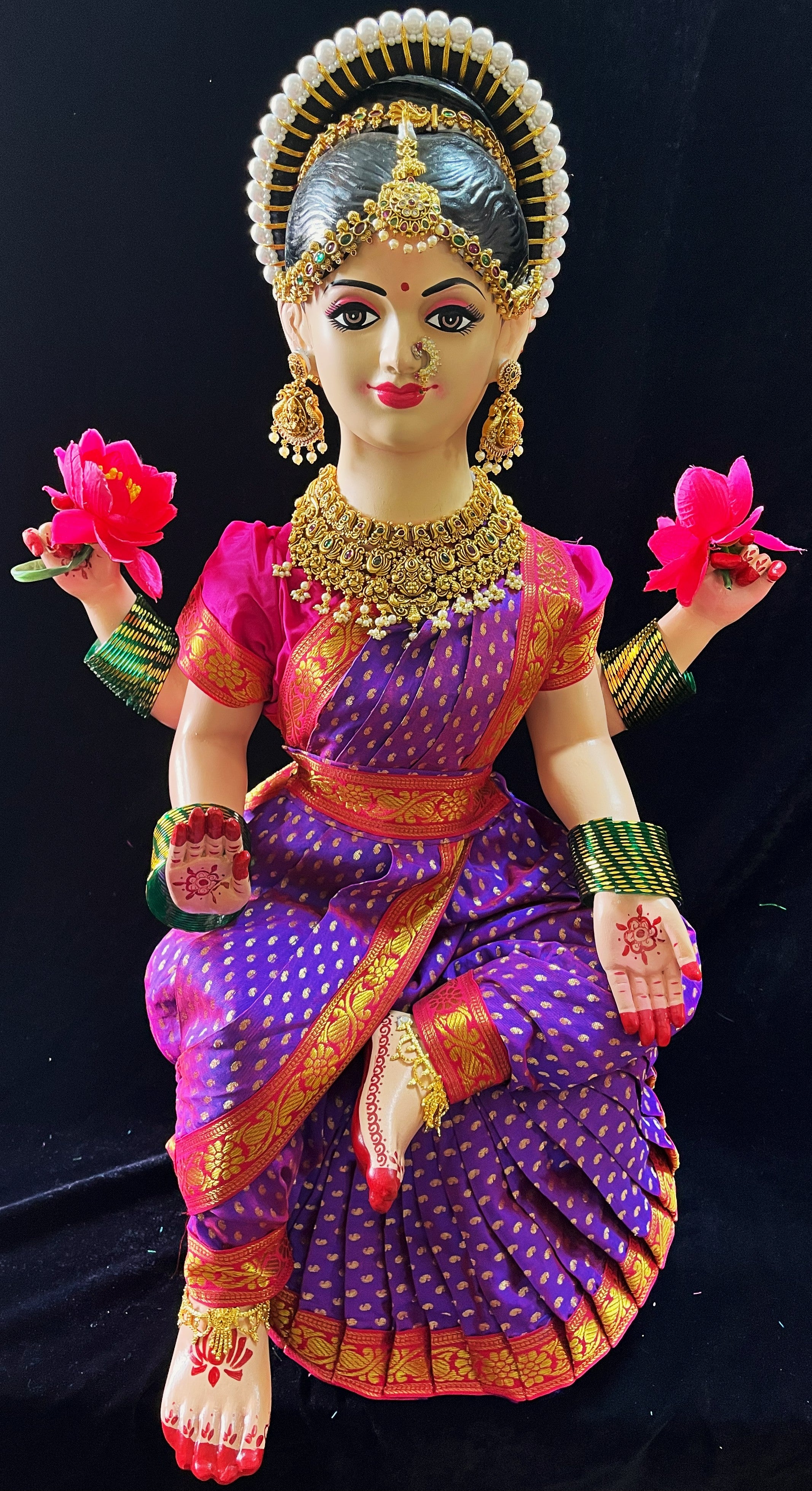 Temple-Style Pre-Stitched Saree Set for Small Sitting Body - Purple Saree with Pink border and Pink blouse 1