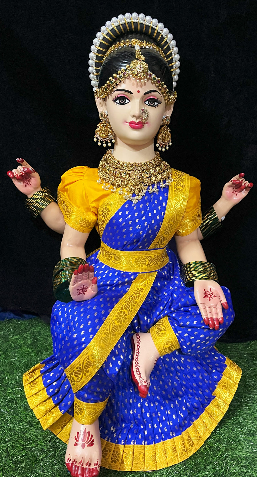 Temple-Style Pre-Stitched Saree Set for Small Sitting Body - Royal Blue Saree with Yellow border and Yellow blouse