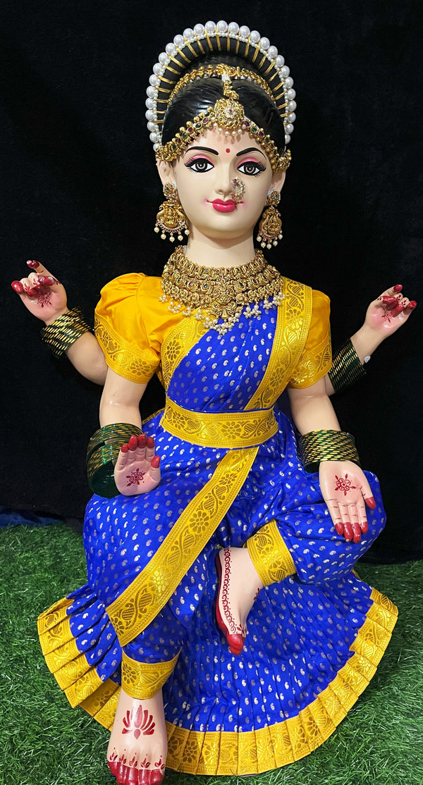 Temple-Style Pre-Stitched Saree Set for Small Sitting Body - Royal Blue Saree with Yellow border and Yellow blouse