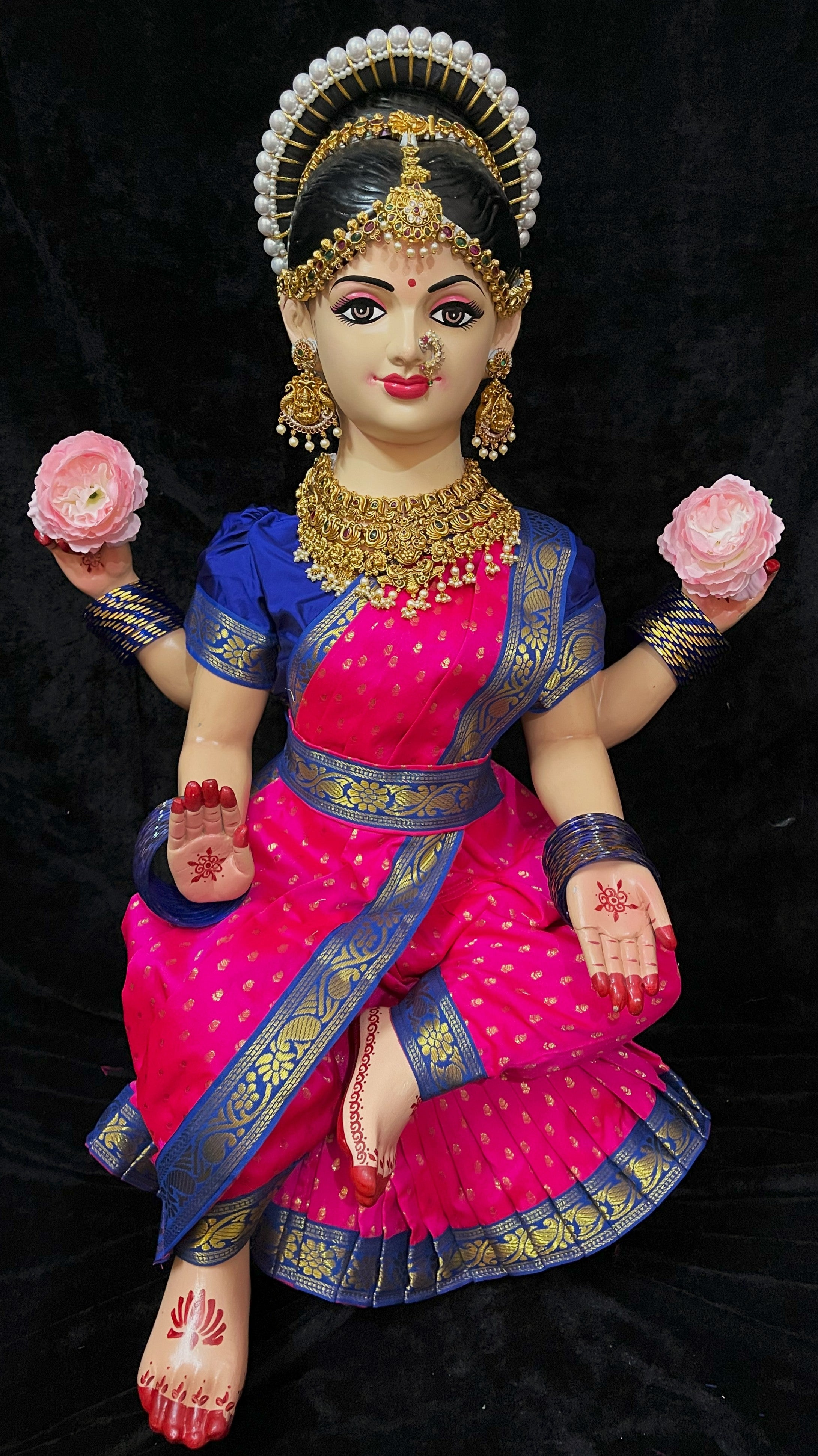 Temple-Style Pre-Stitched Saree Set for Small Sitting Body - Pink Saree with Blue border and Blue blouse 1