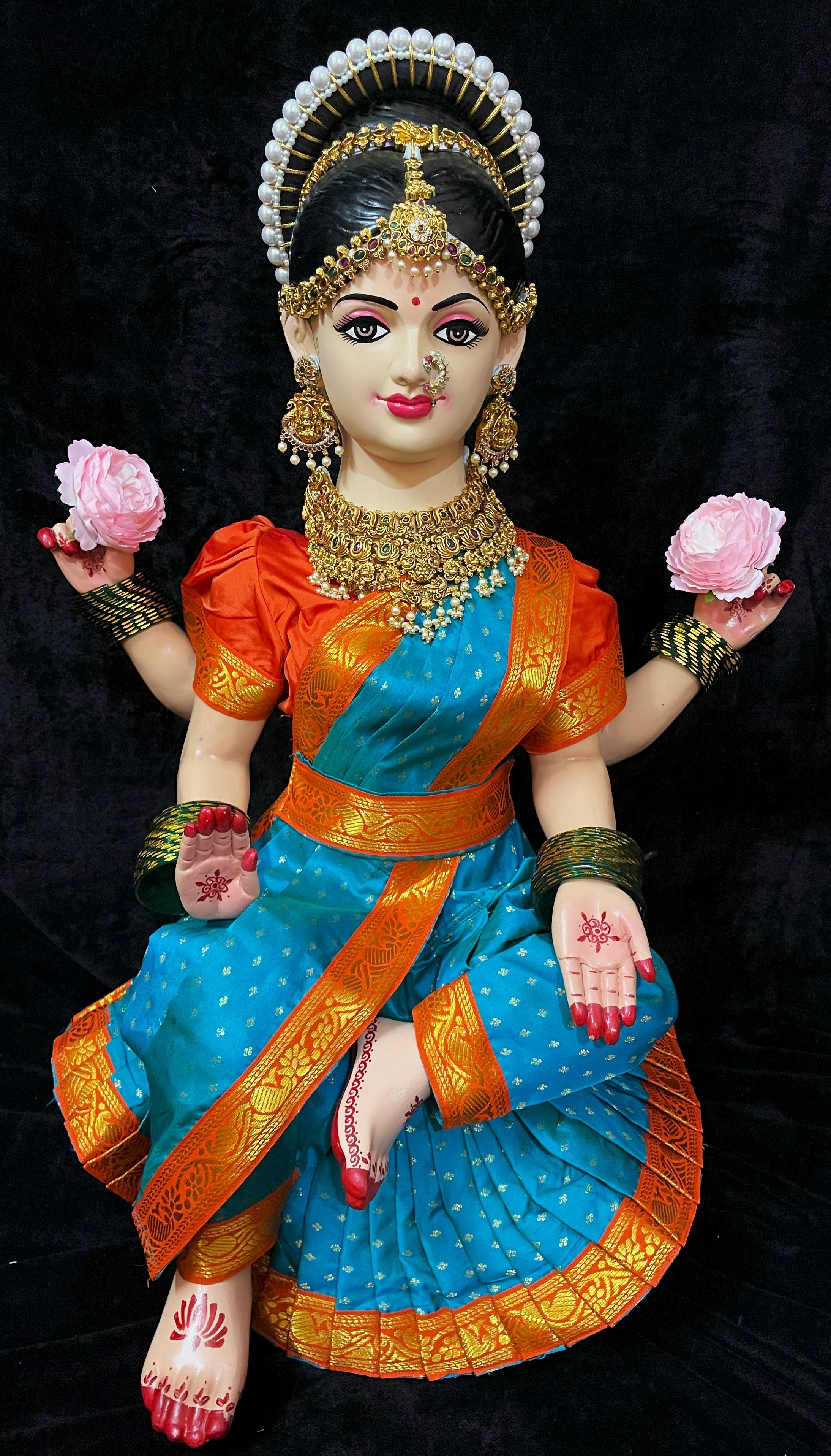 Temple-Style Pre-Stitched Saree Set for Small Sitting Body - Sky Blue Saree with Orange border and Orange blouse 1