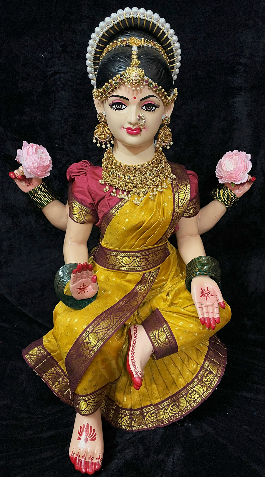 Temple-Style Pre-Stitched Saree Set for Small Sitting Body - Mustard Yellow Saree with Maroon border and Maroon blouse