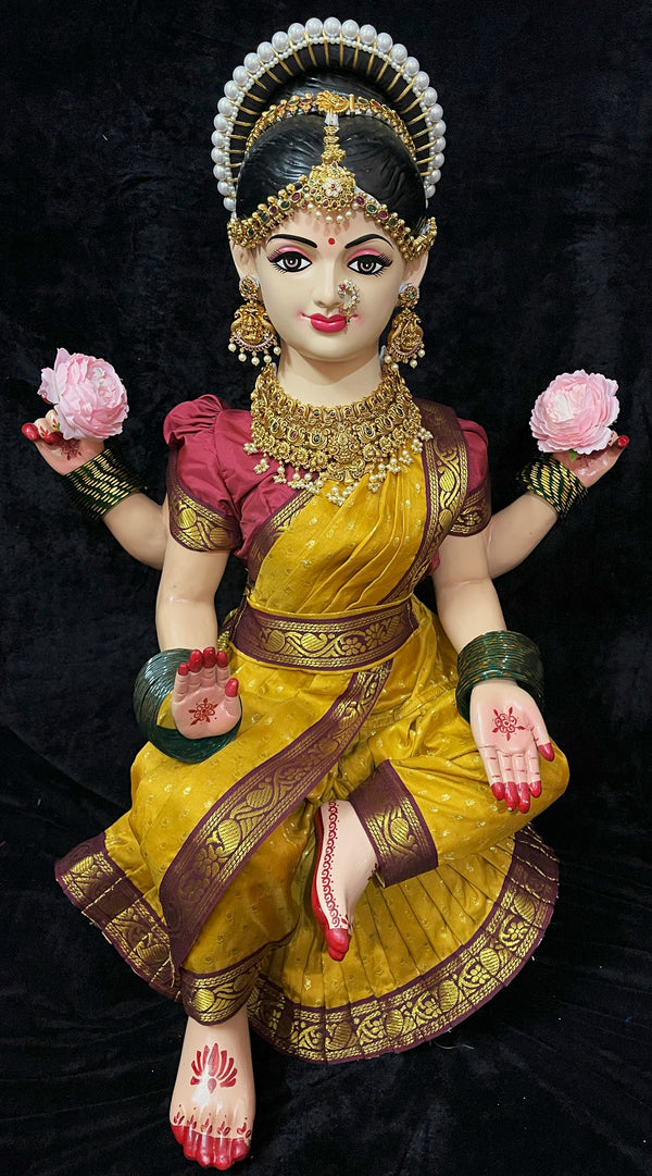 Temple-Style Pre-Stitched Saree Set for Small Sitting Body - Mustard Yellow Saree with Maroon border and Maroon blouse