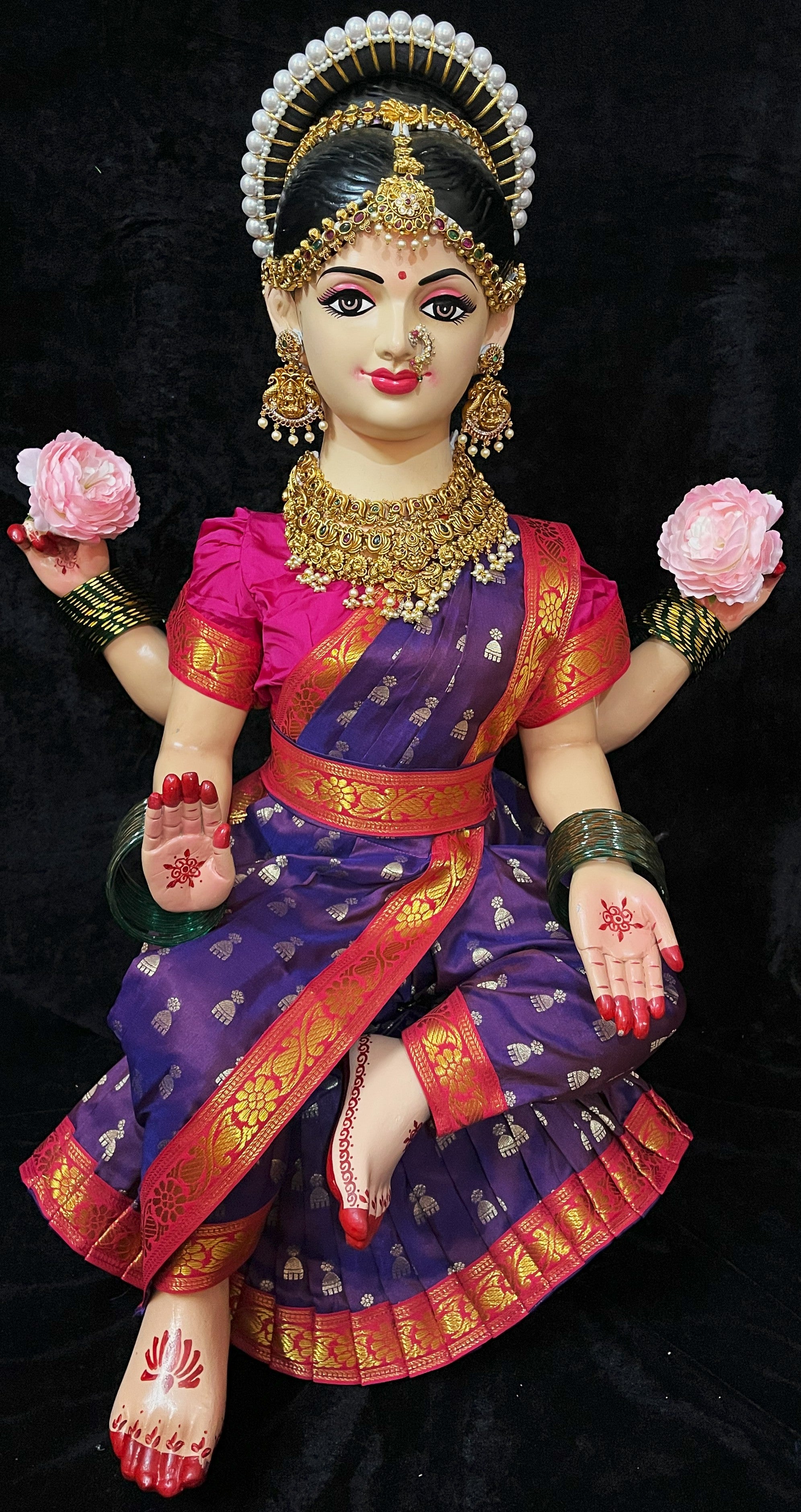 Temple-Style Pre-Stitched Saree Set for Small Sitting Body - Purple Saree with Pink border and Pink blouse 1