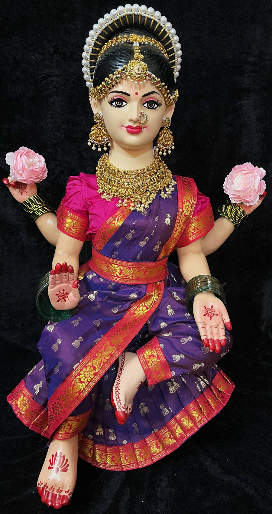 Temple-Style Pre-Stitched Saree Set for Small Sitting Body - Purple Saree with Pink border and Pink blouse