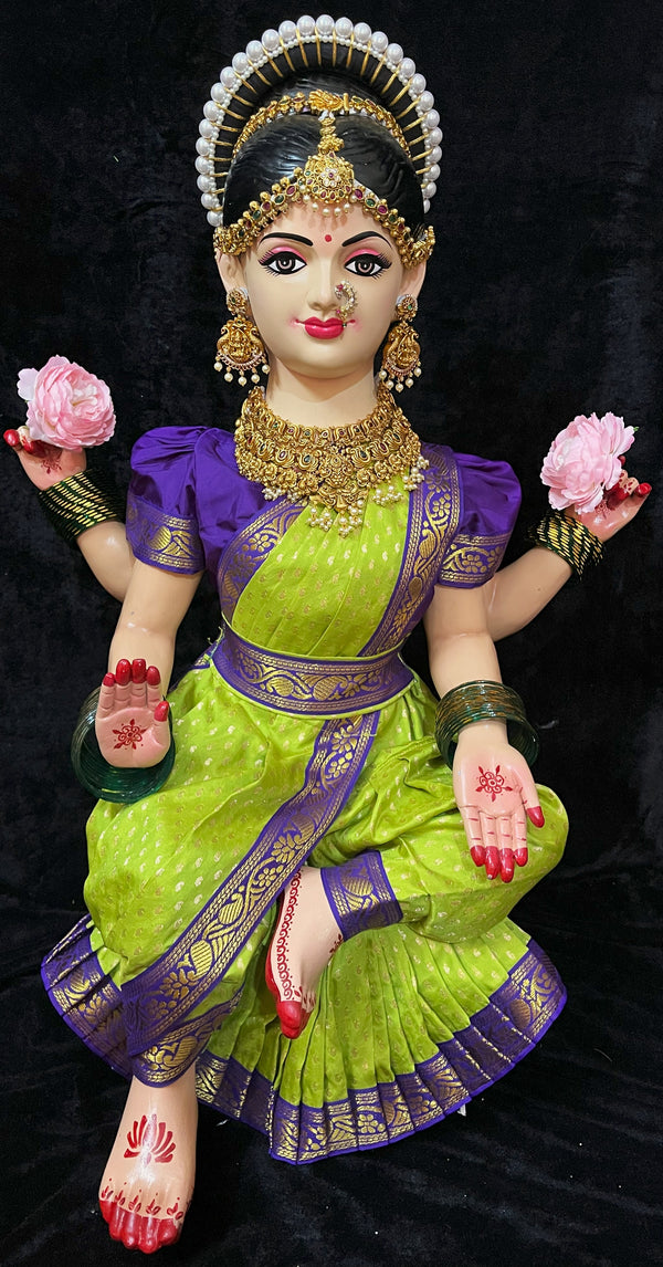 Temple-Style Pre-Stitched Saree Set for Small Sitting Body - Parrot Green Saree with Blue border and Blue blouse