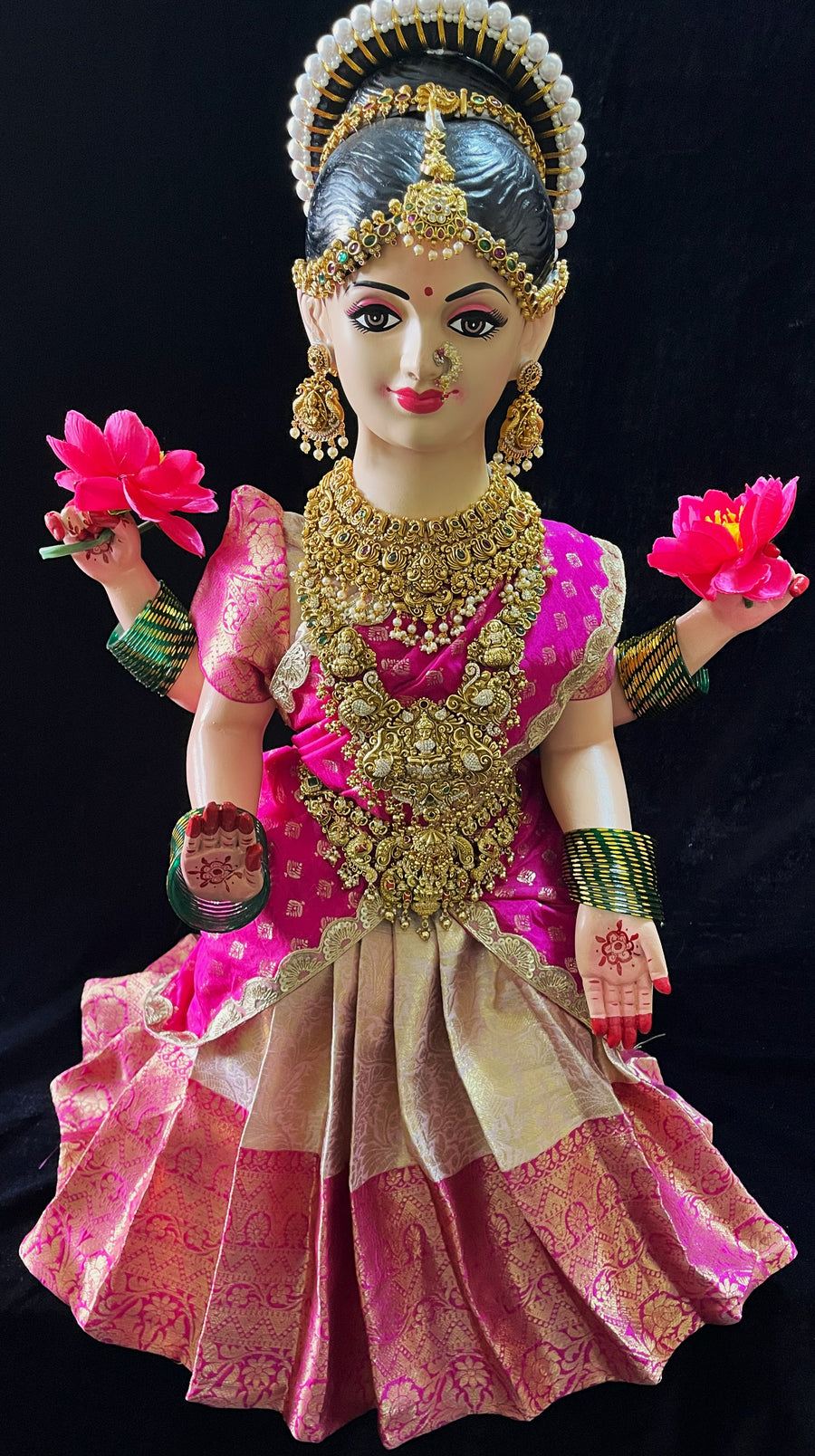Small Sitting Devi Lehenga Set - Light Pink Lehenga with Pink Border and Pink Dupatta