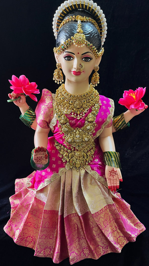 Small Sitting Devi Lehenga Set - Light Pink Lehenga with Pink Border and Pink Dupatta