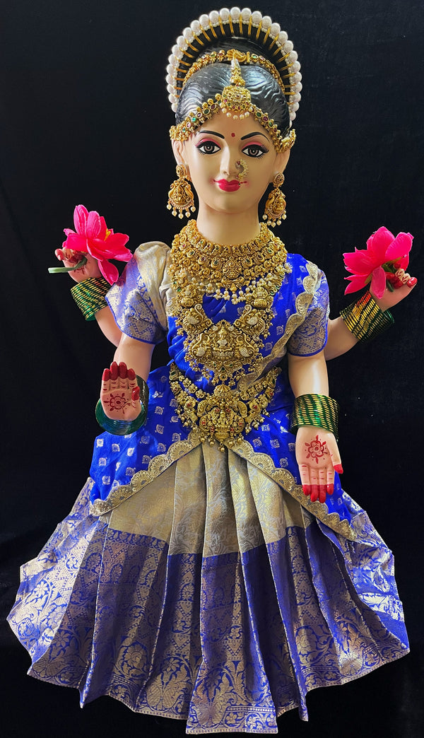 Small Sitting Devi Lehenga Set - Light Blue Lehenga with Royal Blue Border and Royal Blue Dupatta
