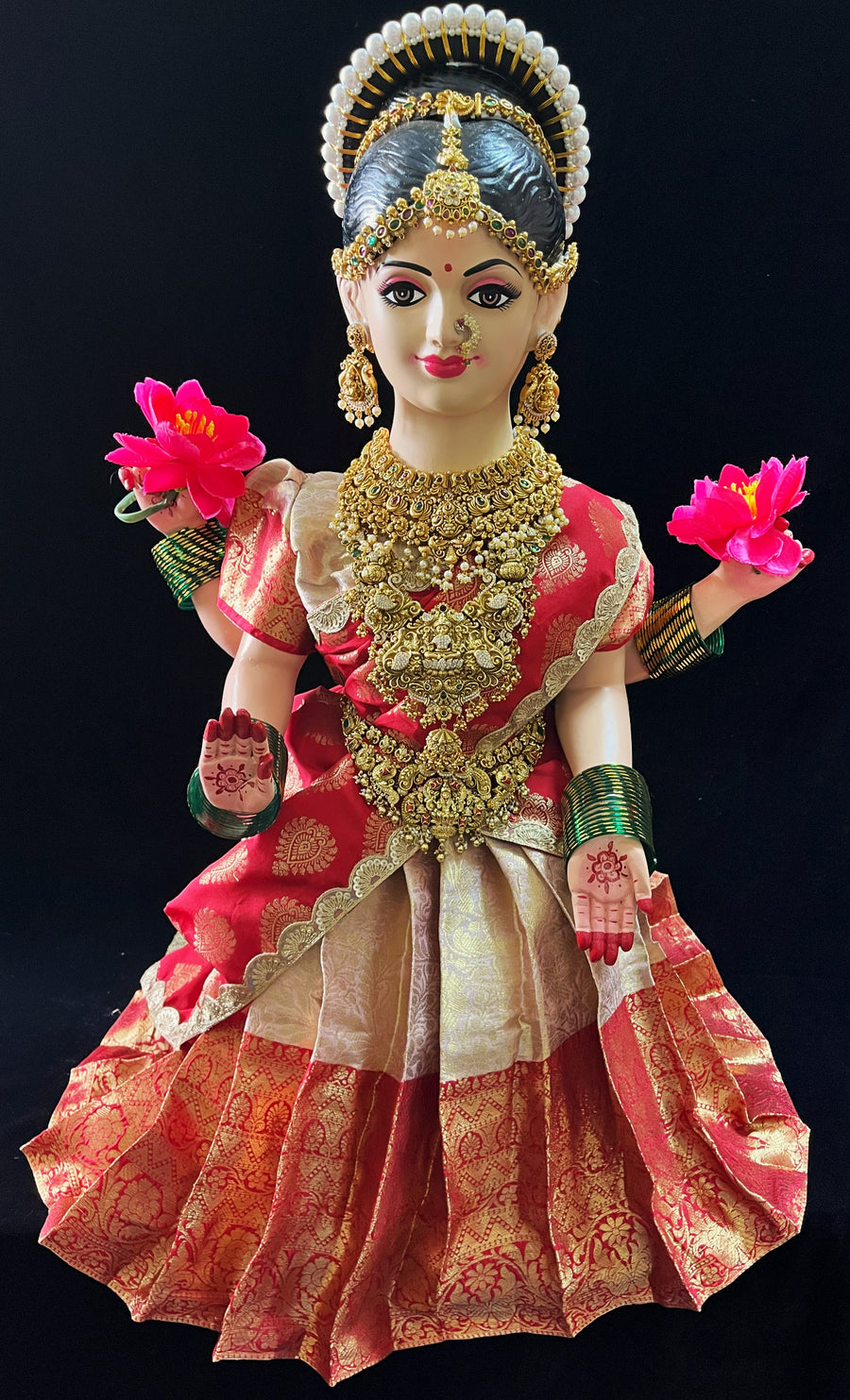 Small Sitting Devi Lehenga Set - Light peach Lehenga with Red Border and Red Dupatta