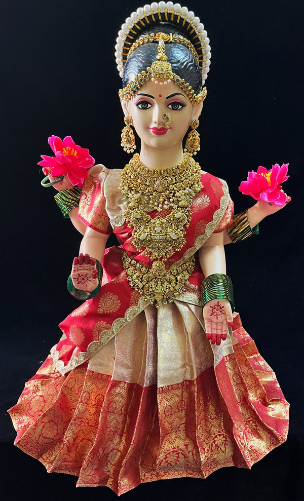 Small Sitting Devi Lehenga Set - Light peach Lehenga with Red Border and Red Dupatta