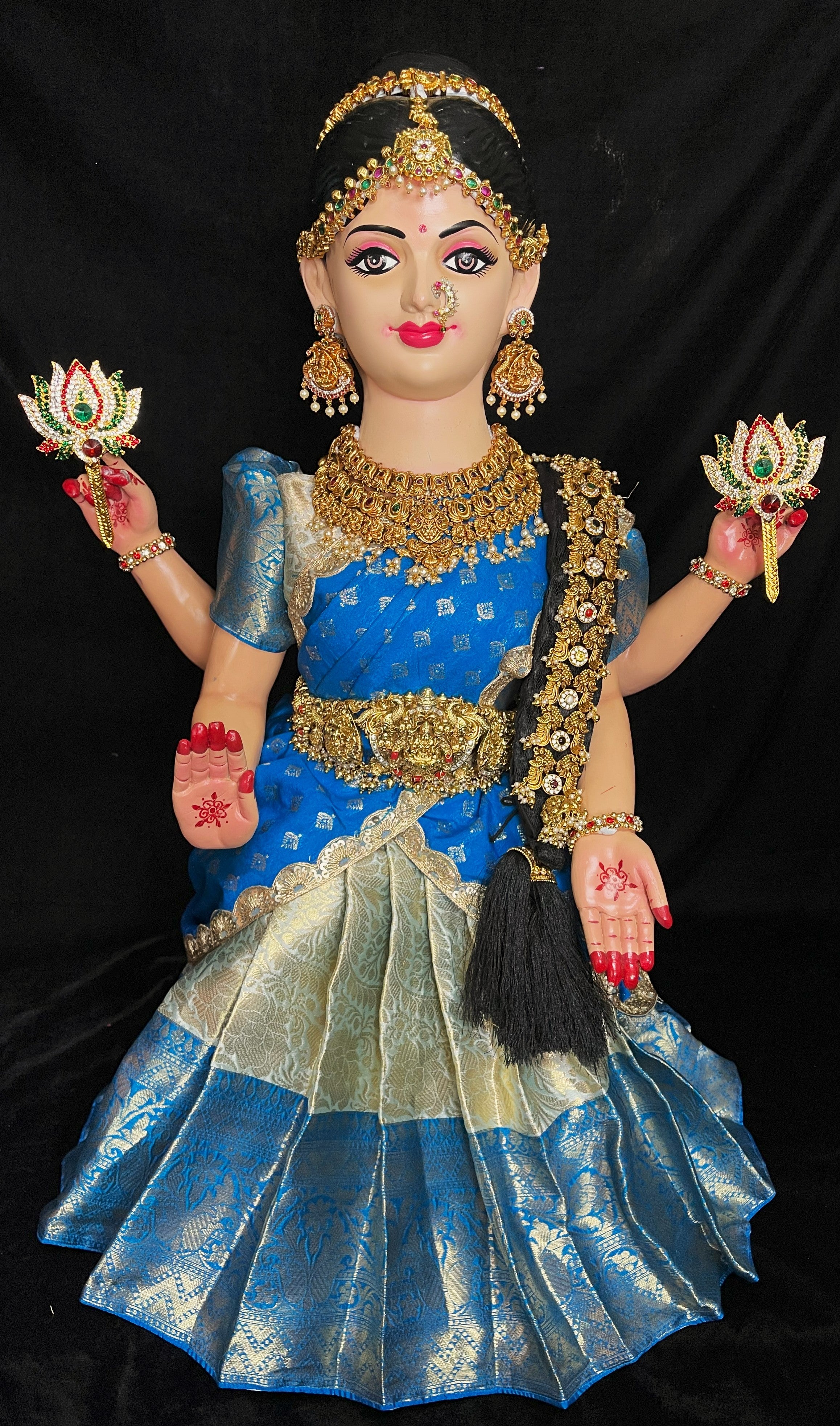 Small Sitting Devi Lehenga Set - Light Blue Lehenga with Sky Blue Border and Sky Blue Dupatta 1