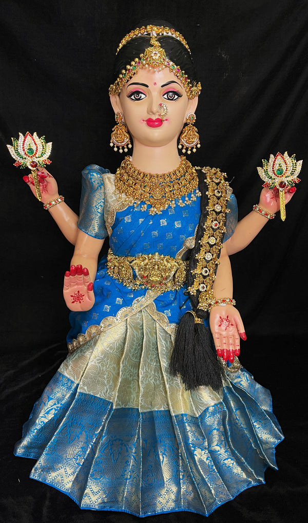 Small Sitting Devi Lehenga Set - Light Blue Lehenga with Sky Blue Border and Sky Blue Dupatta