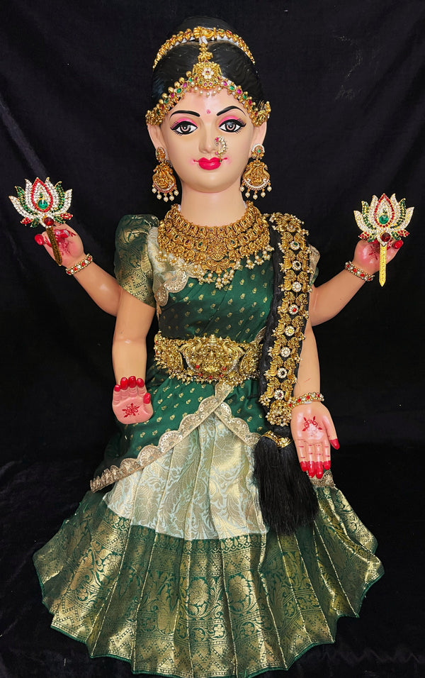 Small Sitting Devi Lehenga Set - Light Green Lehenga with Green Border and Green Dupatta