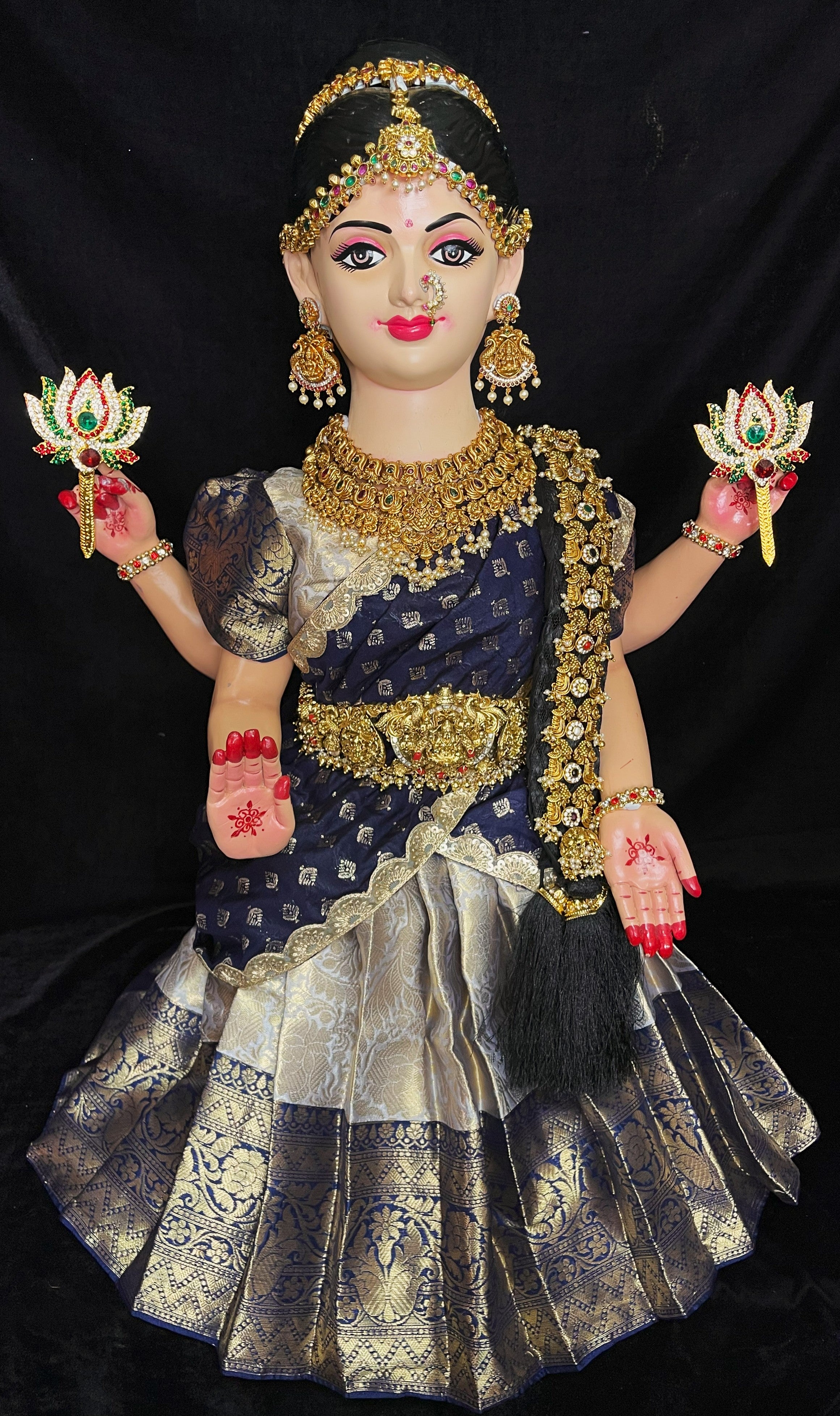 Small Sitting Devi Lehenga Set - Light Blue Lehenga with Navy Blue Border and Navy Blue Dupatta 1
