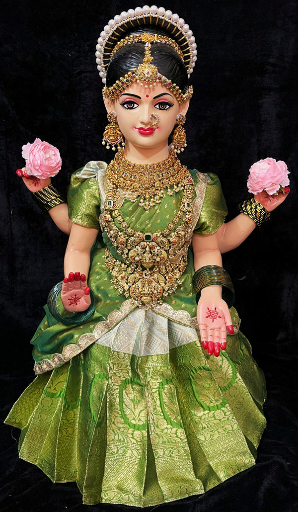 Small Sitting Devi Lehenga Set - Light Green Lehenga with Parrot Green Border and Parrot Green Dupatta