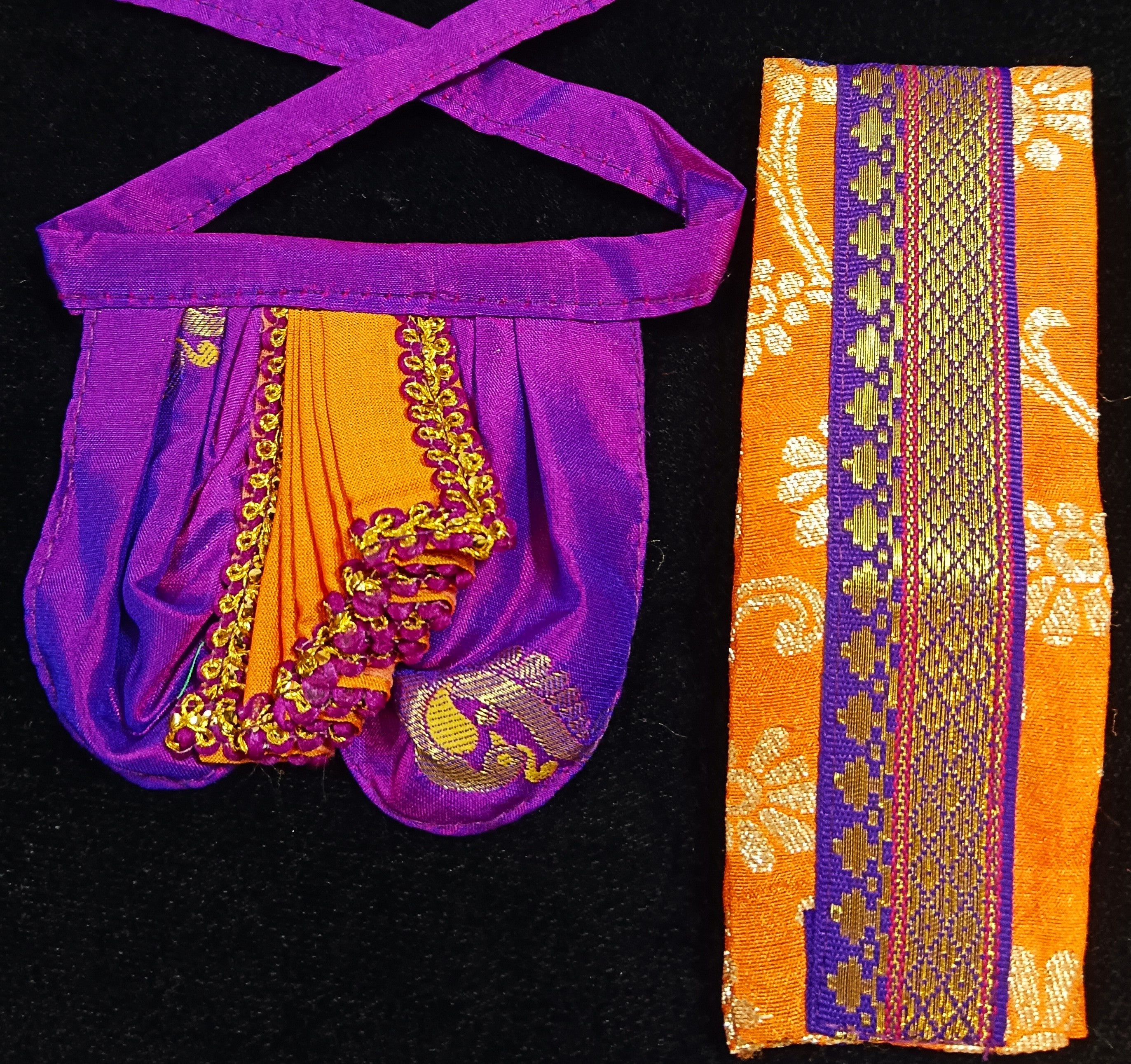 Deity dhoti and patka shalya / Uparna vastra made of Silkmark certified Pure Silk fabric. - Purple Dhoti & Shalya with Orange Contrast 2