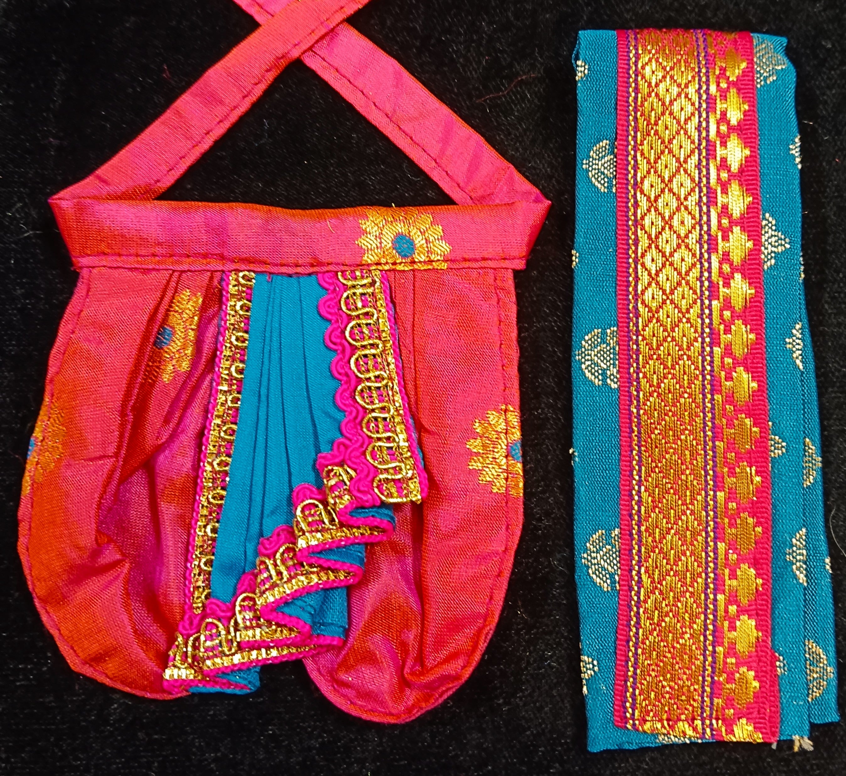 Deity dhoti and patka shalya / Uparna vastra made of Silkmark certified Pure Silk fabric. - Pink Dhoti & Shalya with Sky Blue Contrast 3
