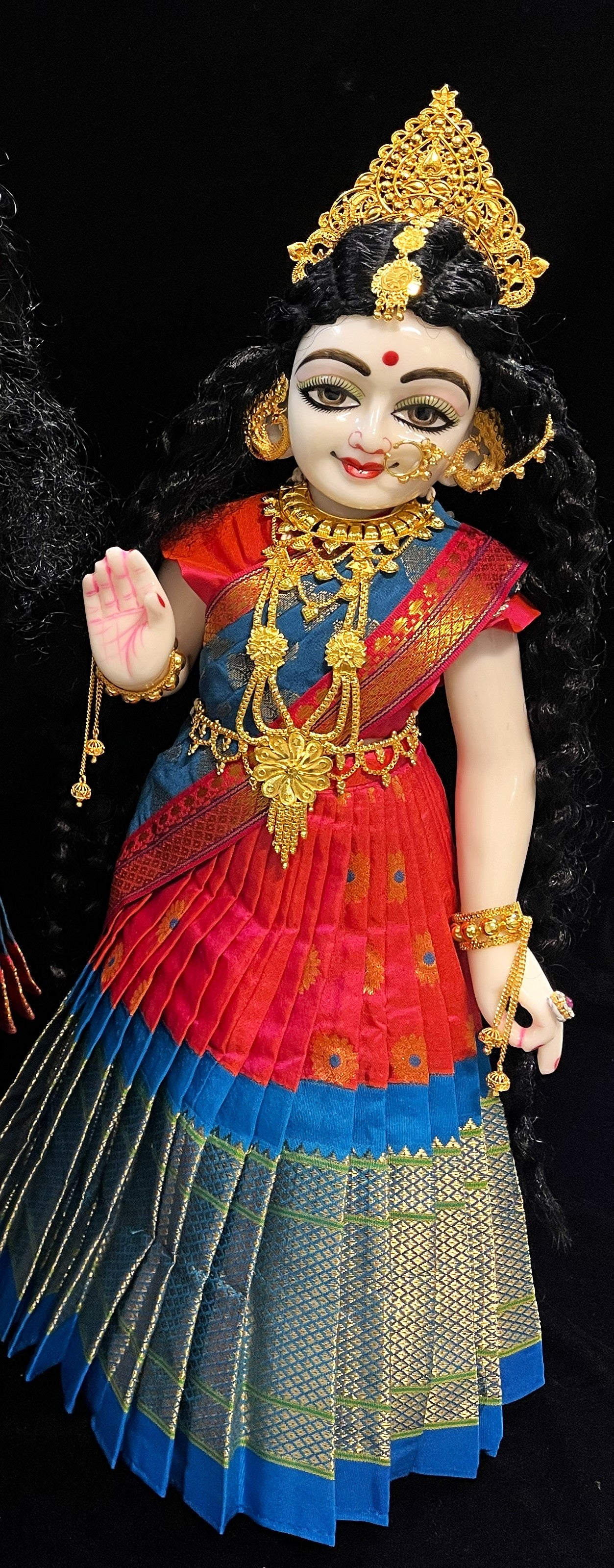 Deity half saree / lehenga patka made of Silkmark certified Pure Silk fabric. - Pink Lehenga with Sky Blue border and Sky Blue Contrast Dupatta 2