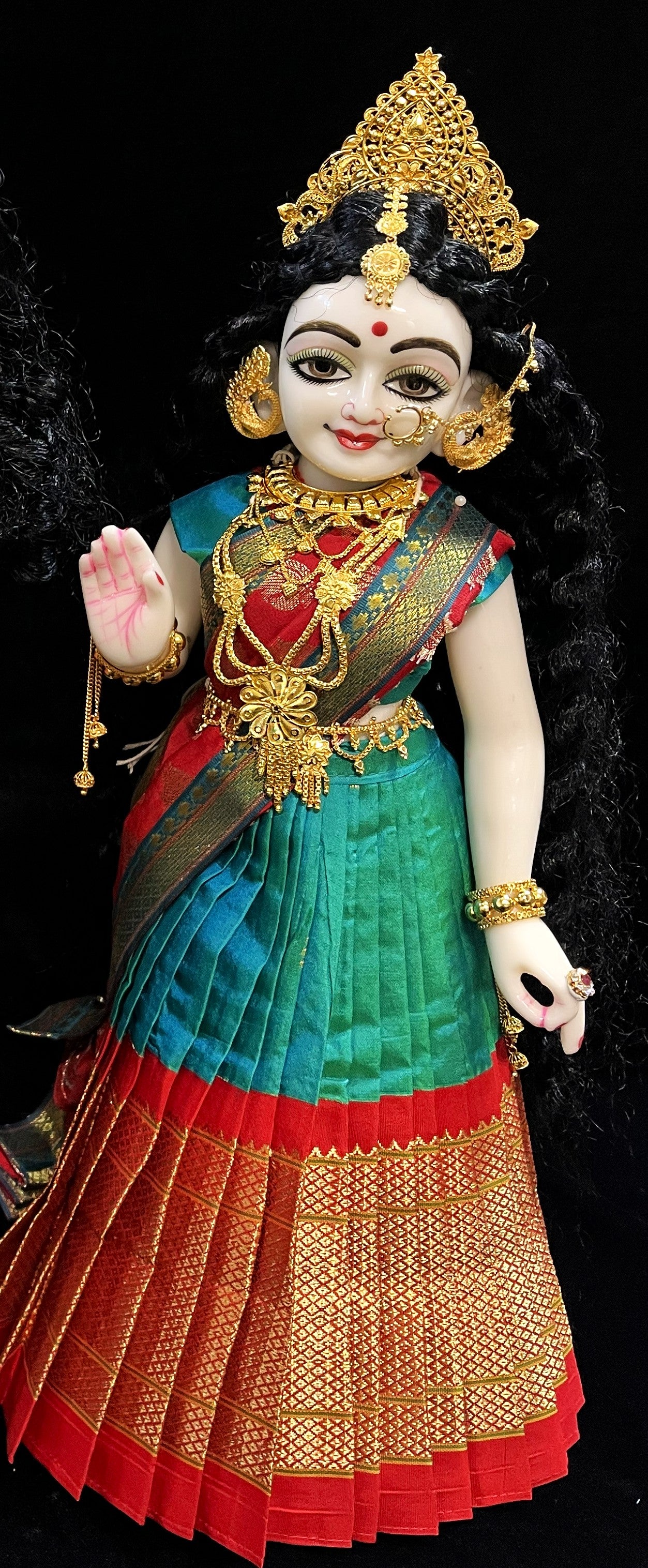 Deity half saree / lehenga patka made of Silkmark certified Pure Silk fabric. - Rama Blue Lehenga with Red border and Red Contrast Dupatta 2