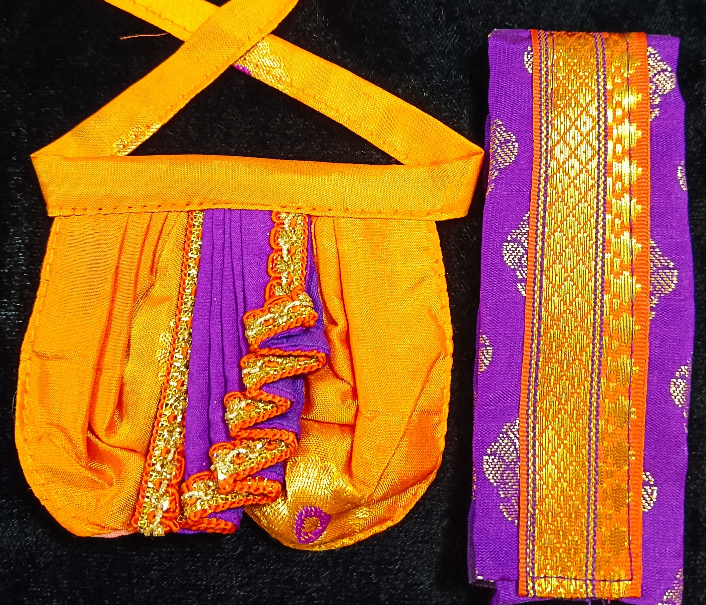 Deity dhoti and patka shalya / Uparna vastra made of Silkmark certified Pure Silk fabric. - Orange Dhoti & Shalya with Purple Contrast 3