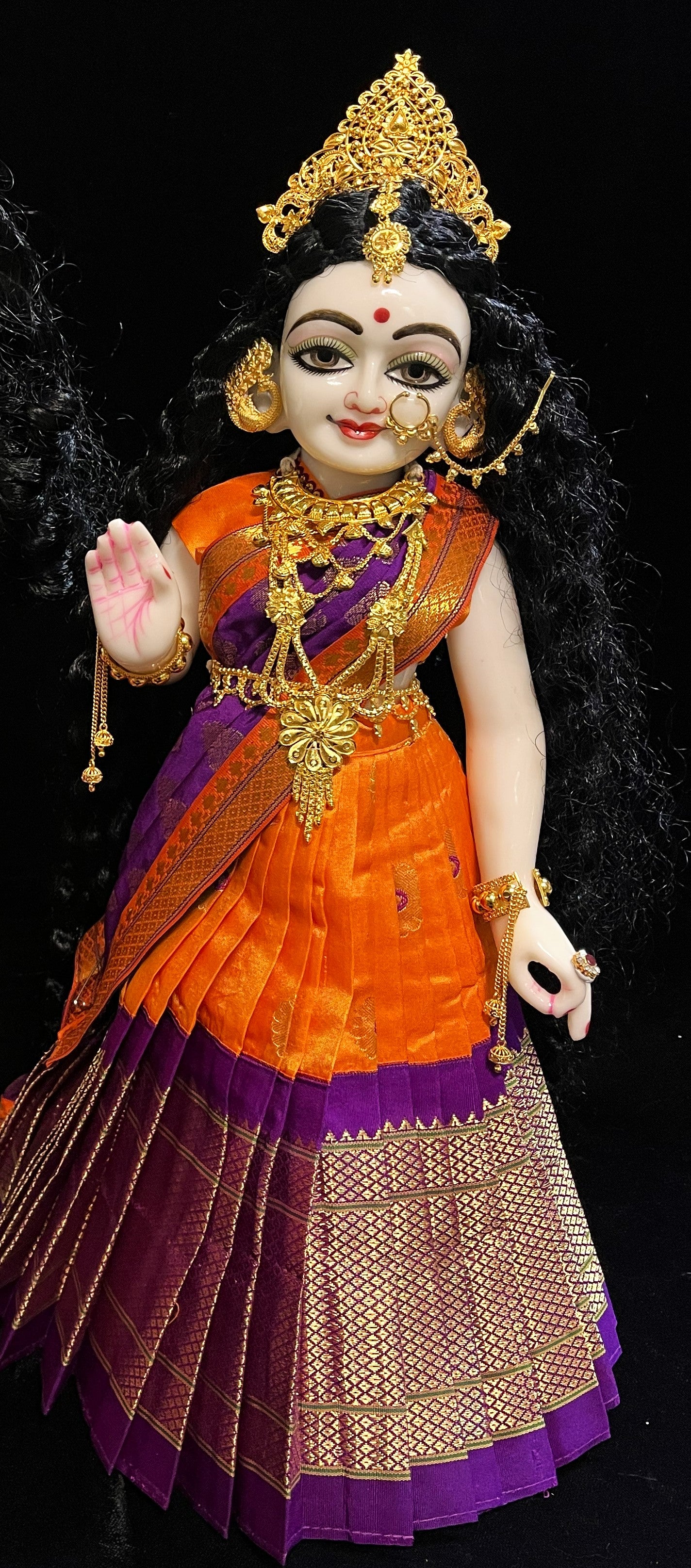 Deity half saree / lehenga patka made of Silkmark certified Pure Silk fabric. - Orange Lehenga with Purple border and Purple Contrast Dupatta 2